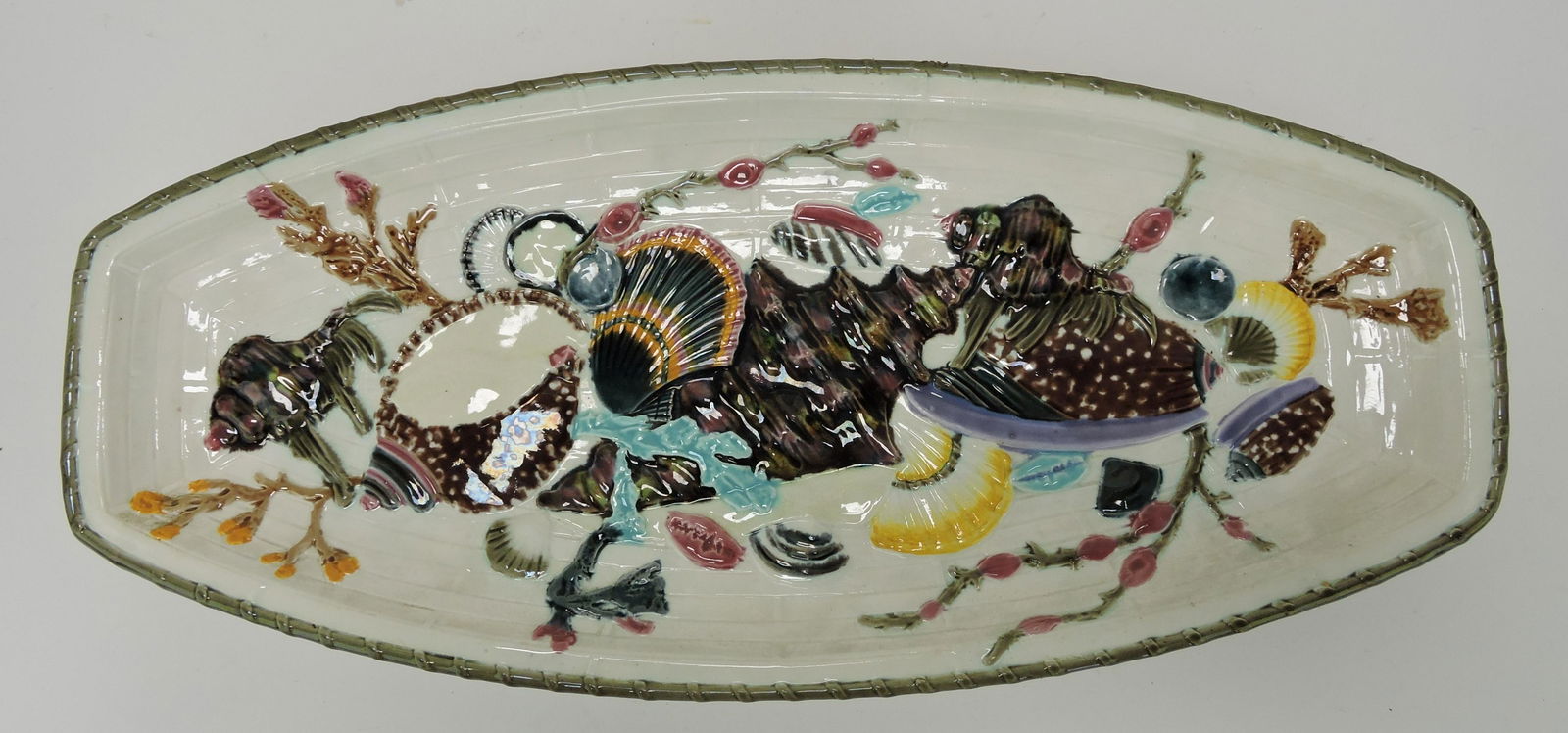 Wedgwood majolica Argenta shells and: coral on basket tray, 21 1/2" x 9 1/2"