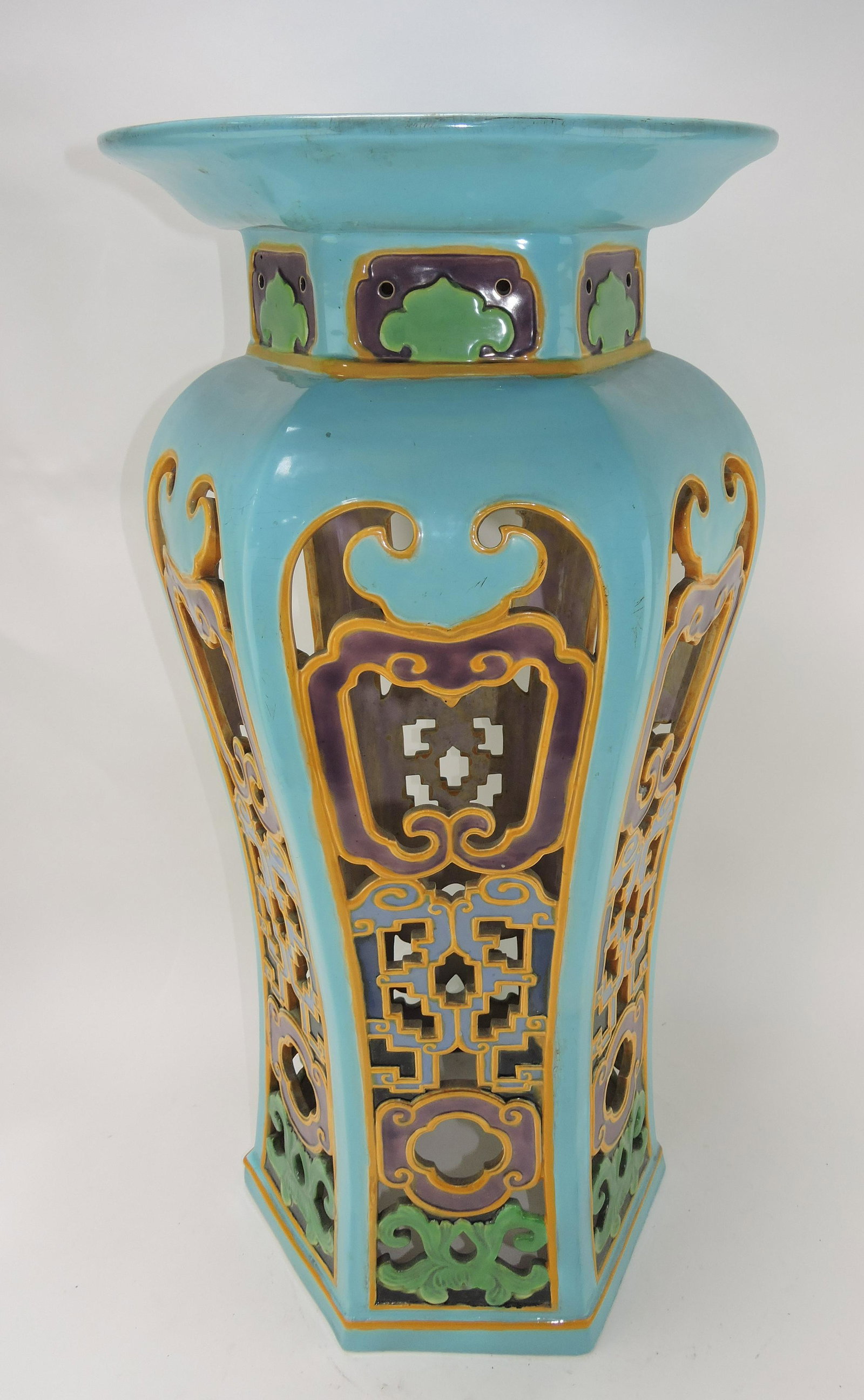 Minton majolica pedestal in the: Chinese style with hexagonal base with bright colors on turquoise ground, 31"h, 16"w, professional repair of top and bottom rim