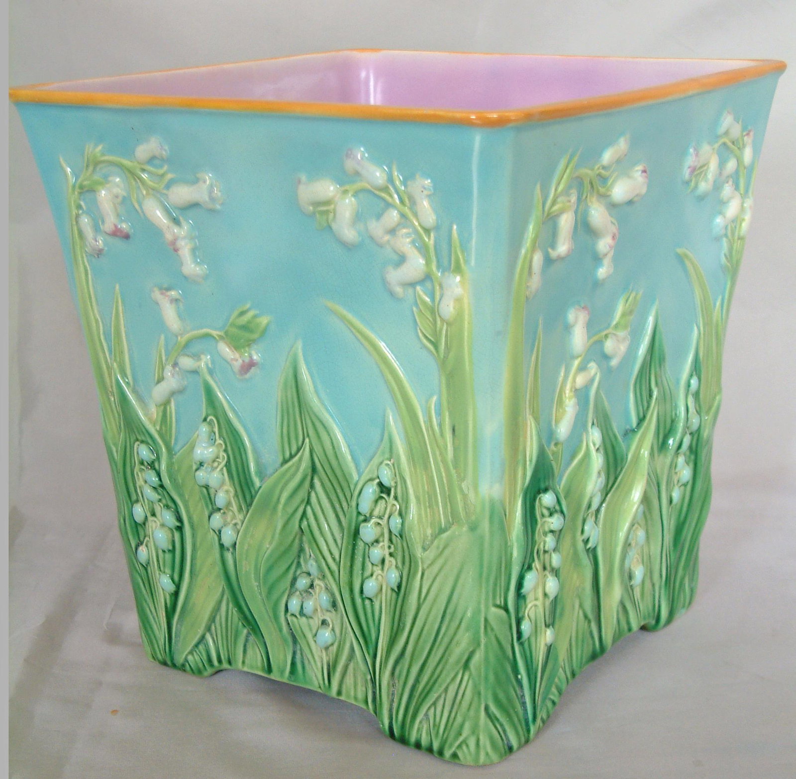 George Jones majolica lily of the valley: cachepot ,81/2”h, shape no.1827 in black ink to base, great color and detail