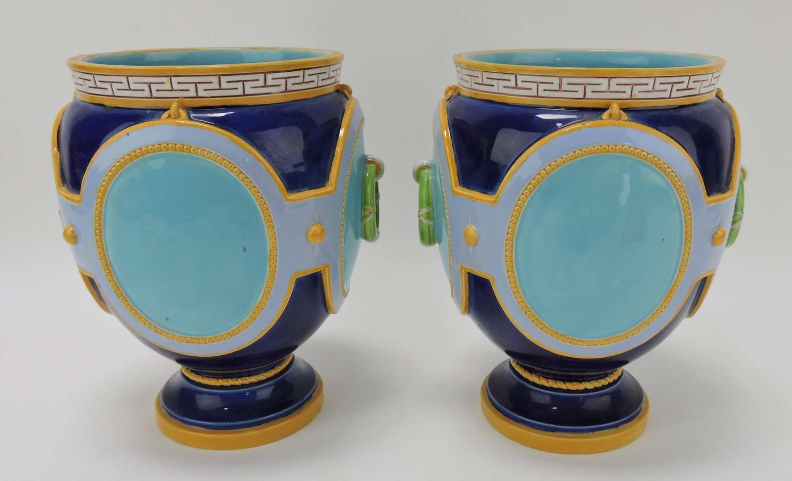 Minton majolica pair of small cobalt: jardinieres with oval turquoise panels and Greek key rim, 8", shape no. 1396