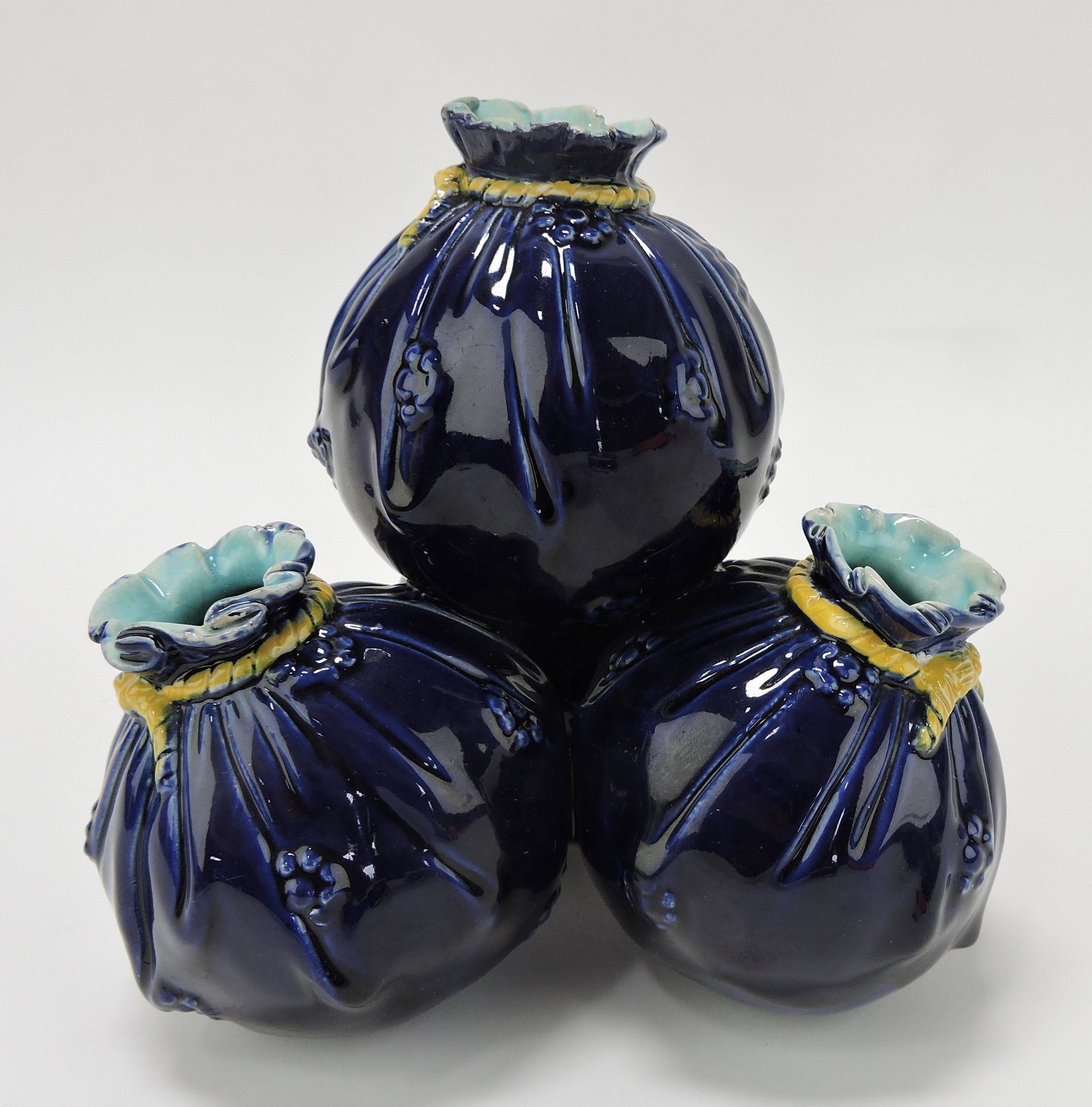 Minton majolica cobalt stack of sacks: posey vase, 5 1/2", rim repairs