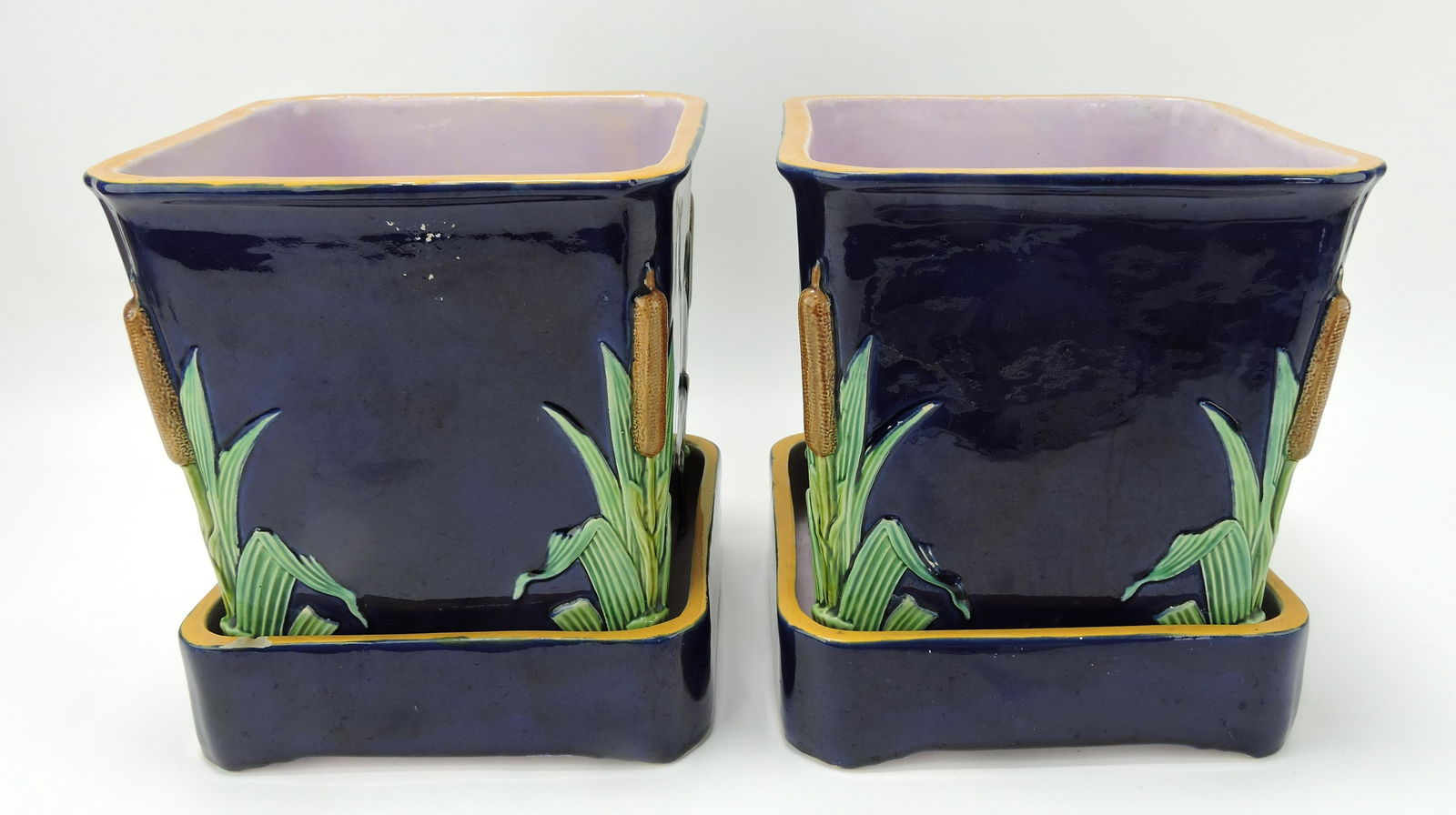 Minton majolica pair of cobalt cattail (1 of 1)