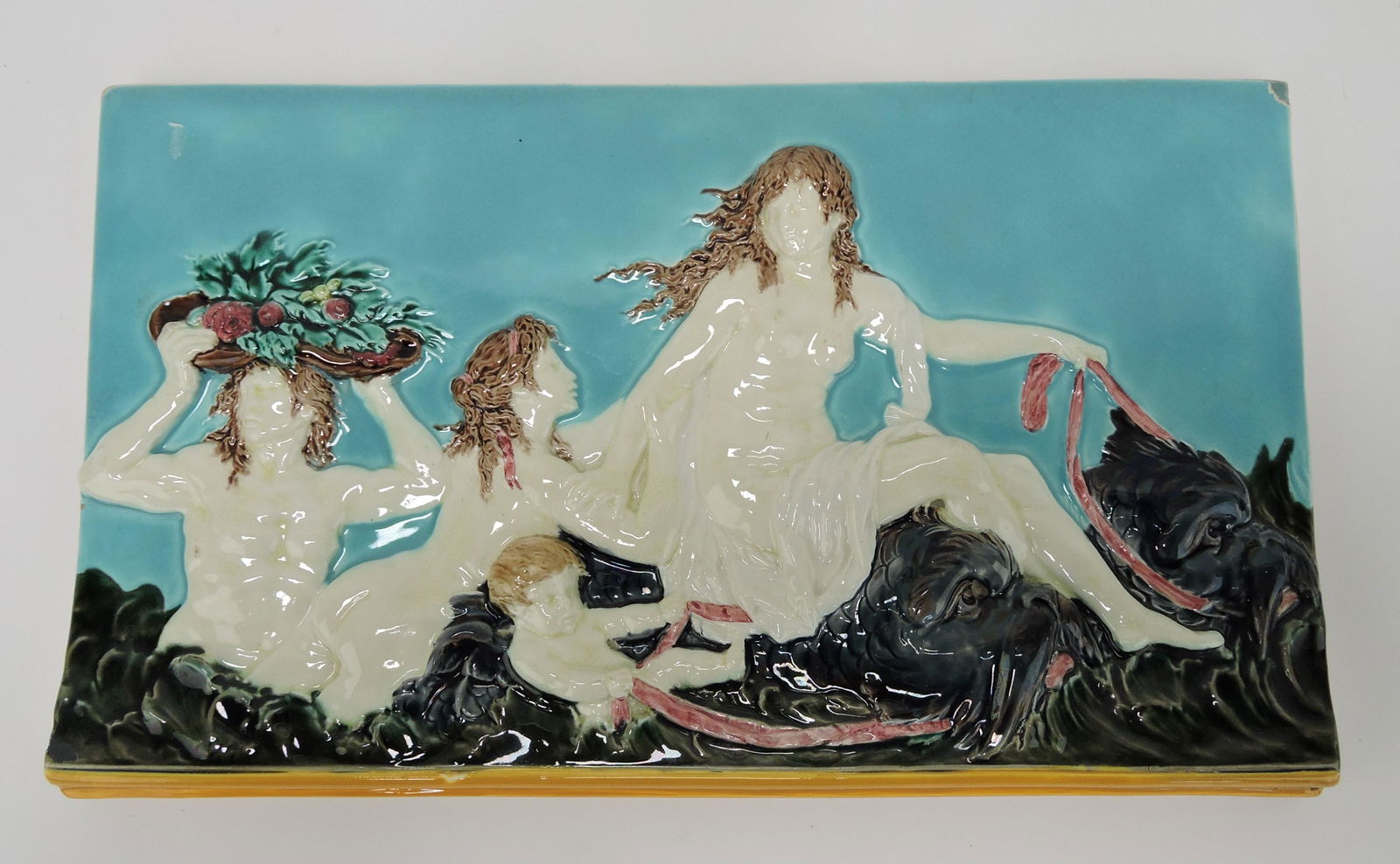 Wedgwood majolica scenic tile with: mythological scene, 13"x8", minor nick to corner