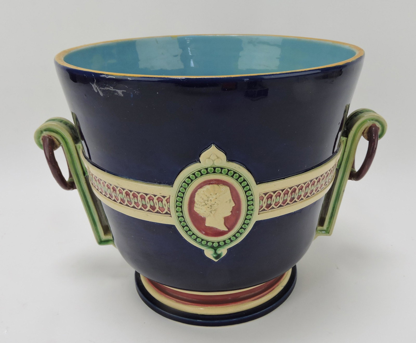 Minton majolica cobalt wine cooler: with portrait medallion and ring handles, 8"h, 11"w, shape no. 1104, professional repair to handle and top rim