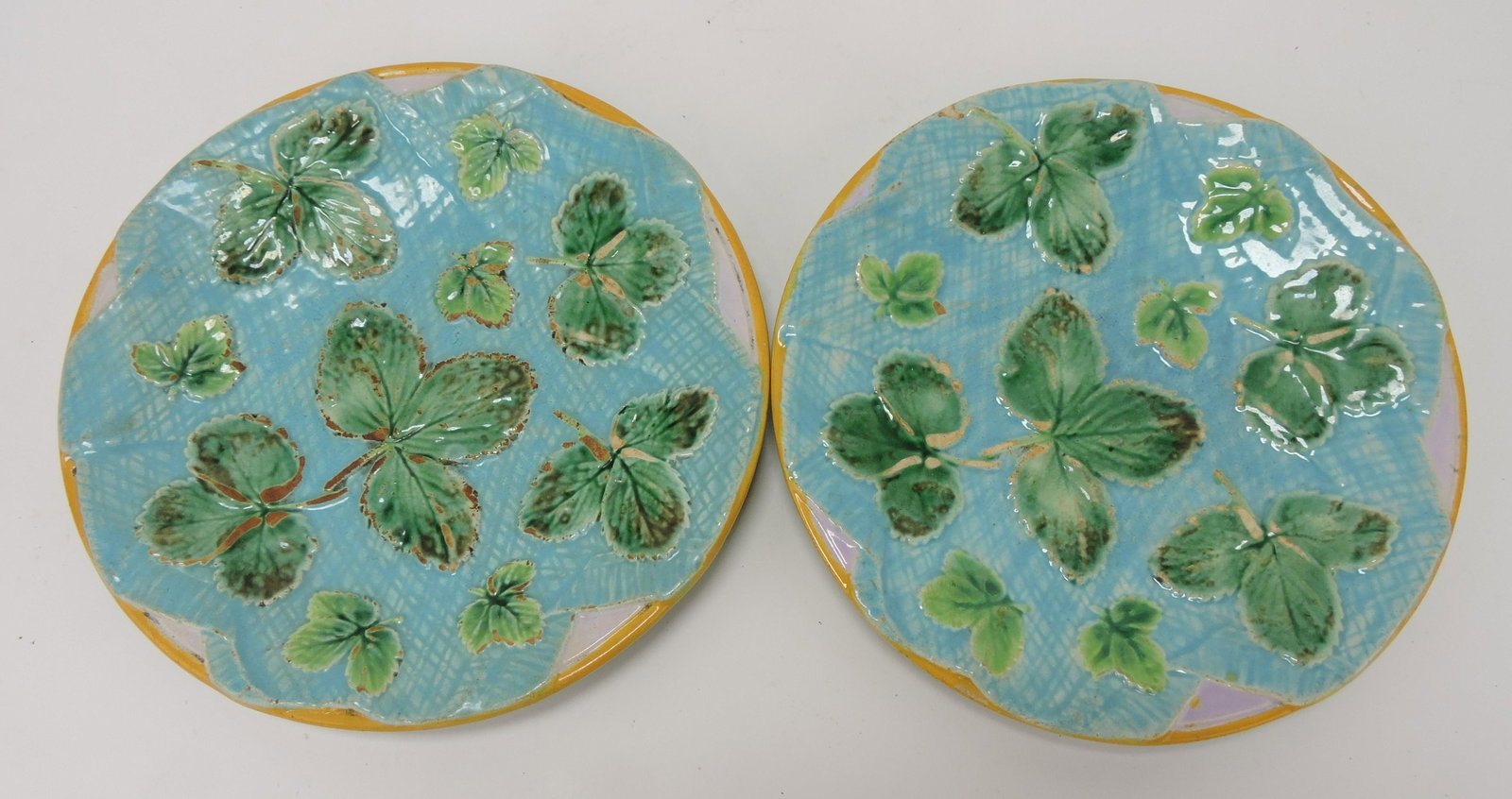 George Jones majolica pair of: strawberry and napkin plates, 8", surface wear