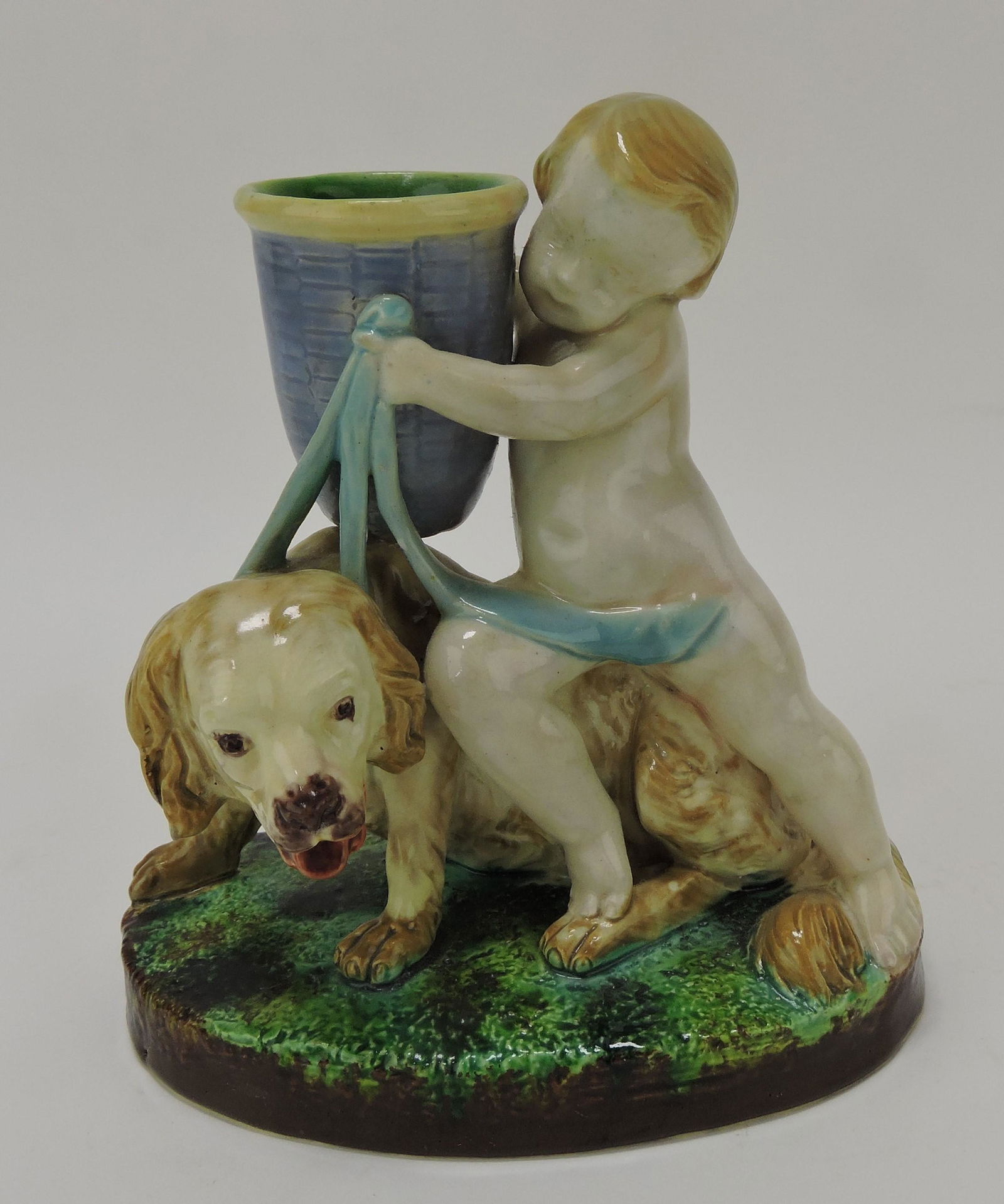 Royal Worcester majolica boy with dog: toothpick holder, 5 1/2"