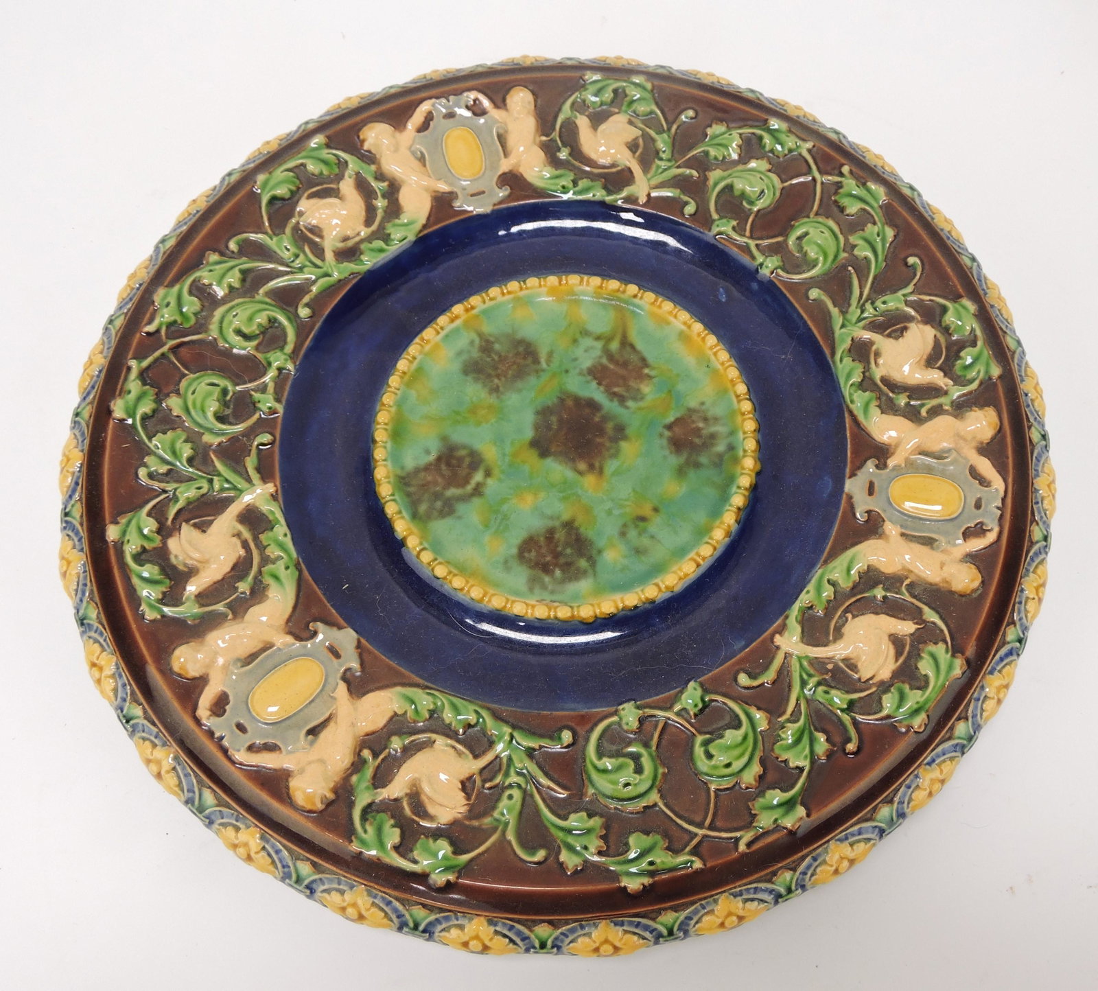 Minton majolica Renaissance ewer: stand, shape no. 472, 10 1/2"