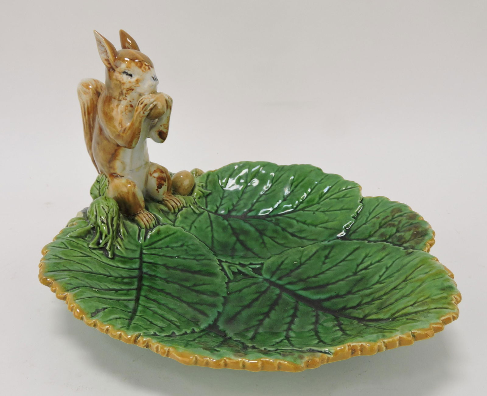 Minton majolica squirrel on leaf tray, (1 of 1)