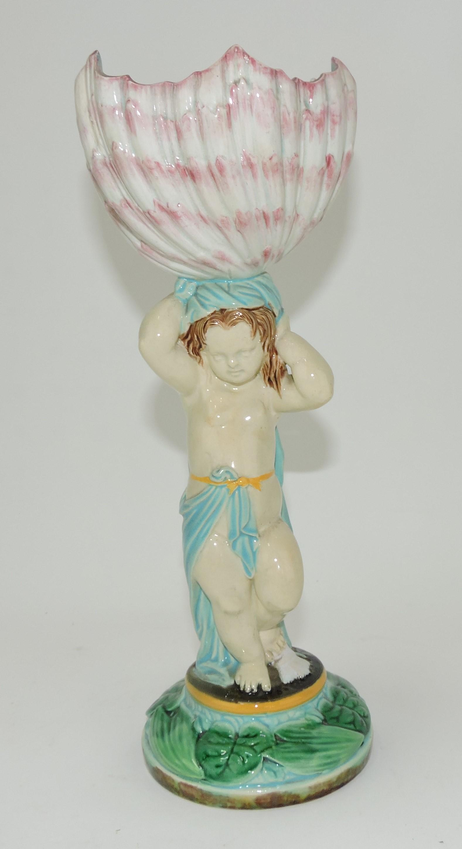 George Jones majolica putti and shell: sweets compote, 11"