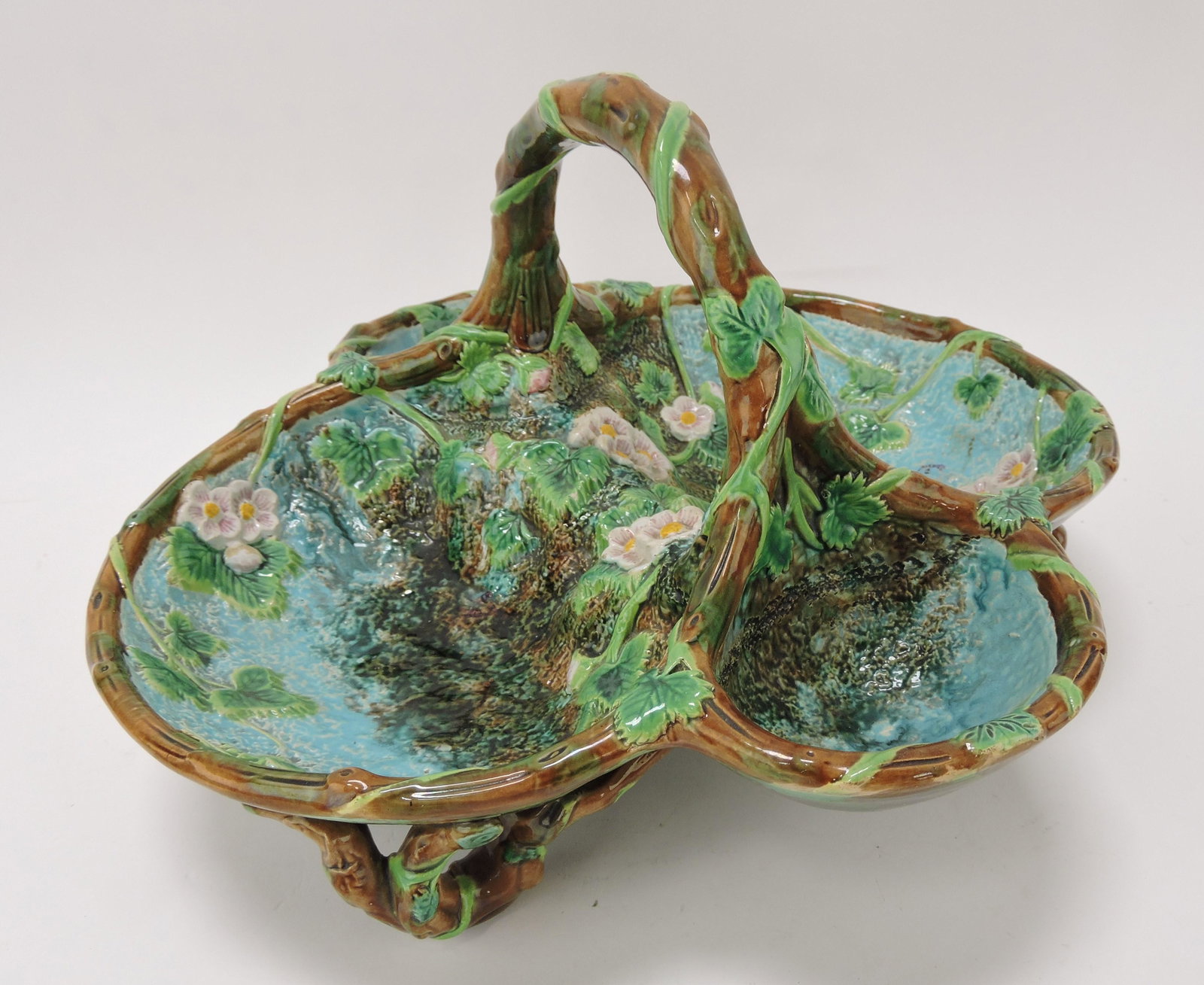 George Jones majolica four part: strawberry basket, 12"w