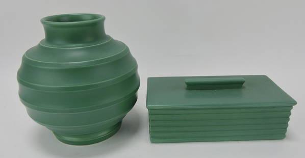 Wedgwood Matt Green Keith Murray: 6 1/2" vase and 7" covered box