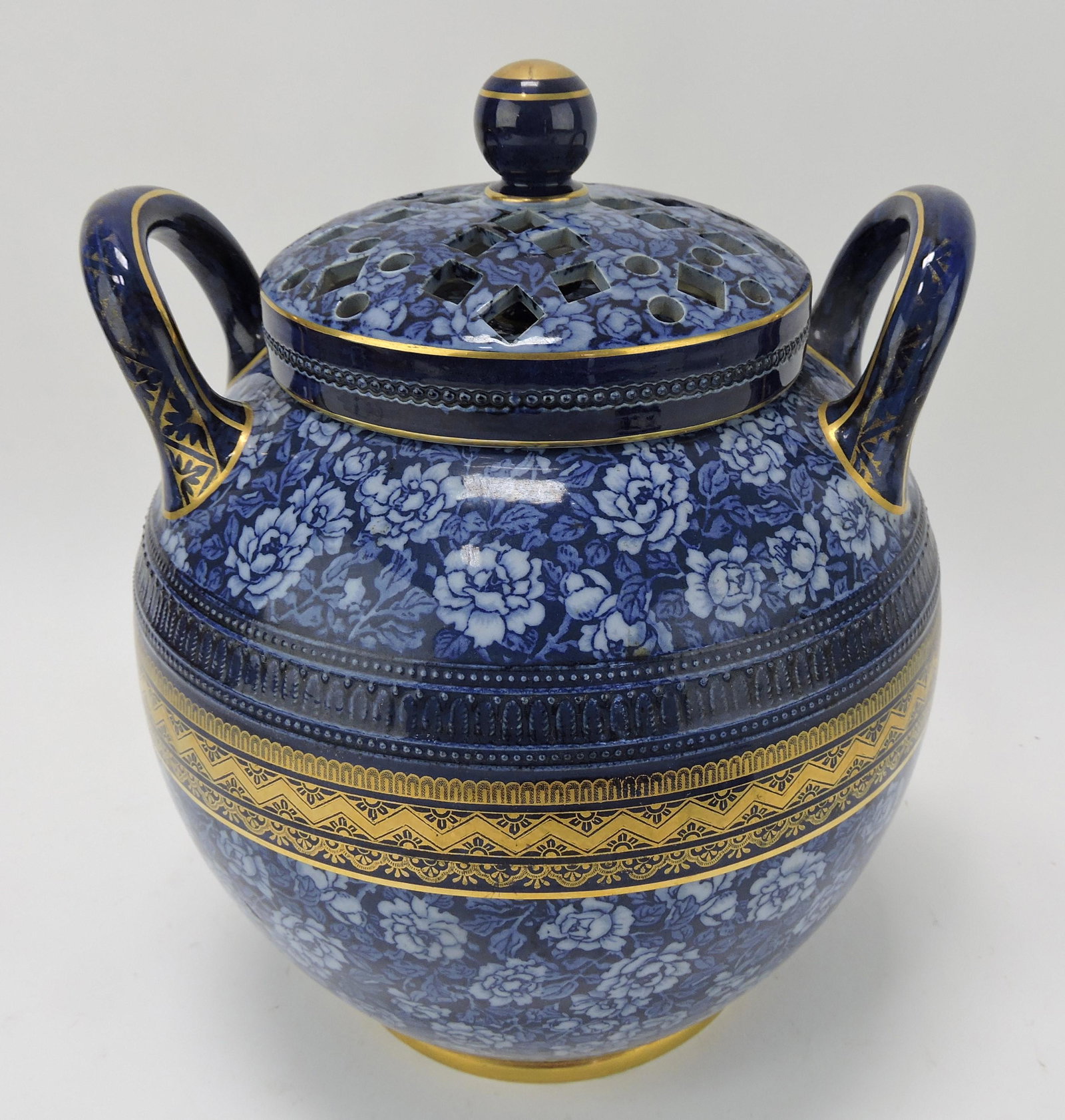 Wedgwood blue and white potpourri: jar with both lids, gold decor, 10", minor base rim chip, hairline to both lids