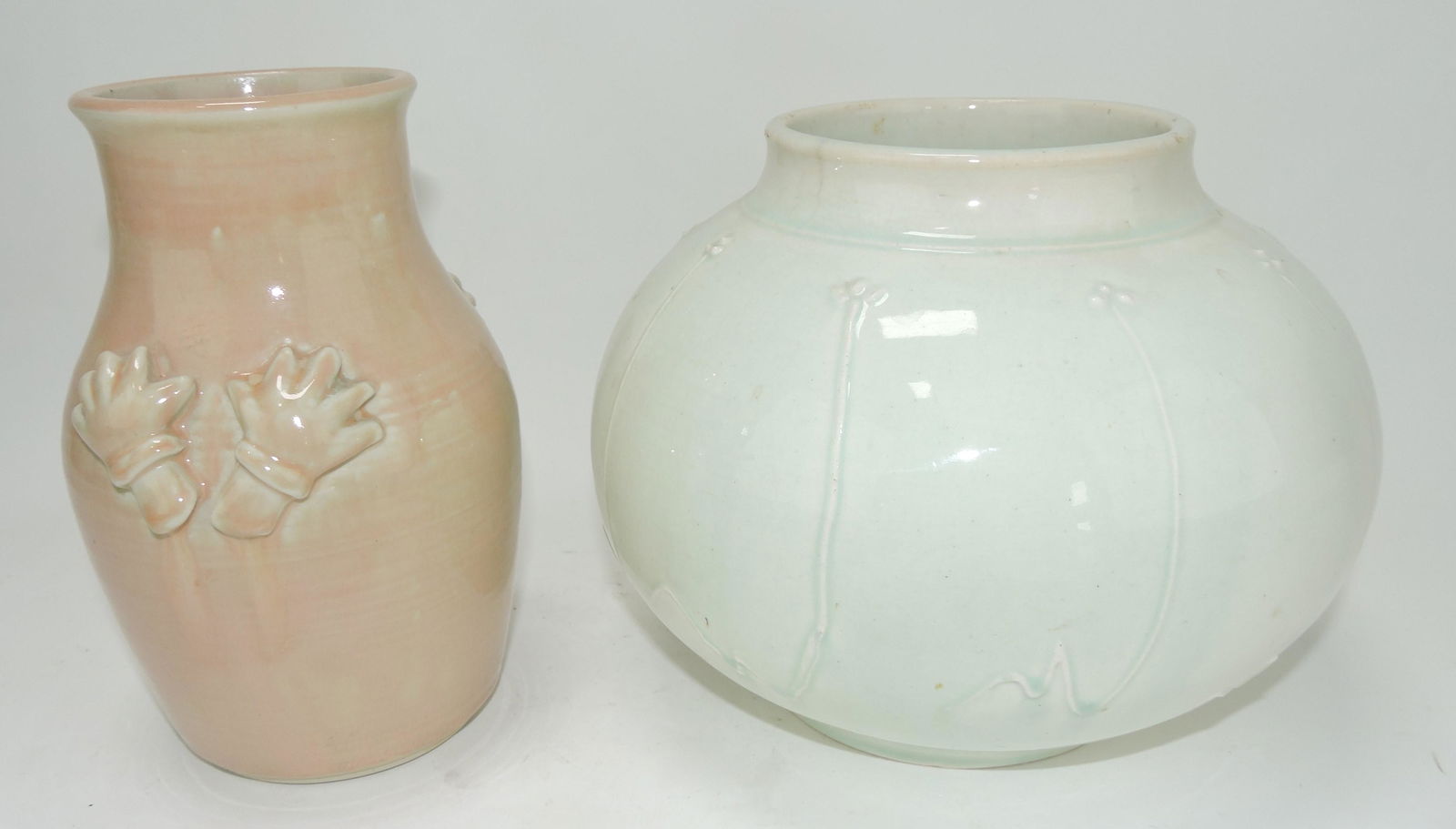 Studio pottery lot of 2 vases, 8" & 7": .