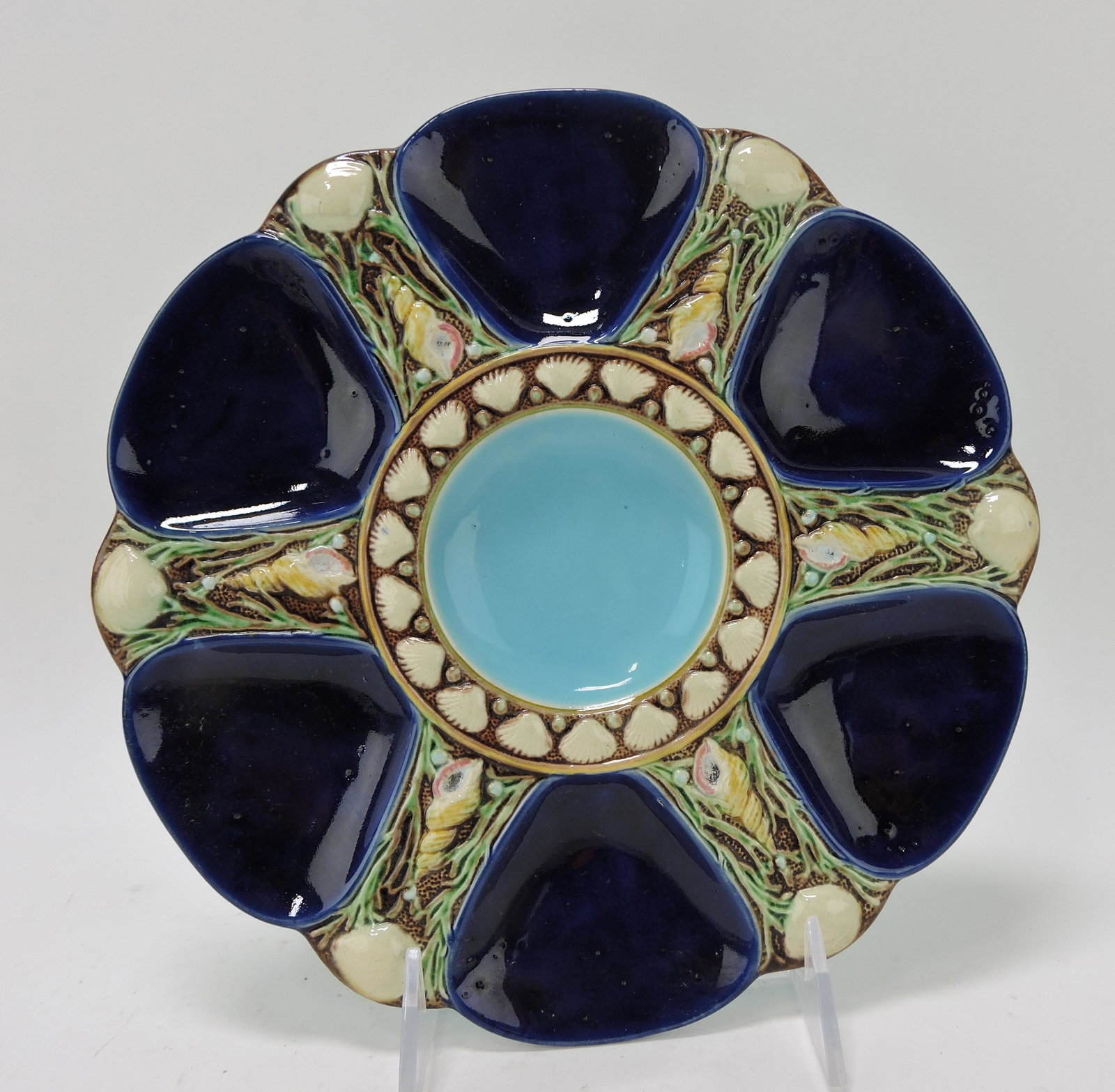 Minton majolica cobalt six well oyster: plate, 9", shape no. 1323, bubbles under glaze to surface