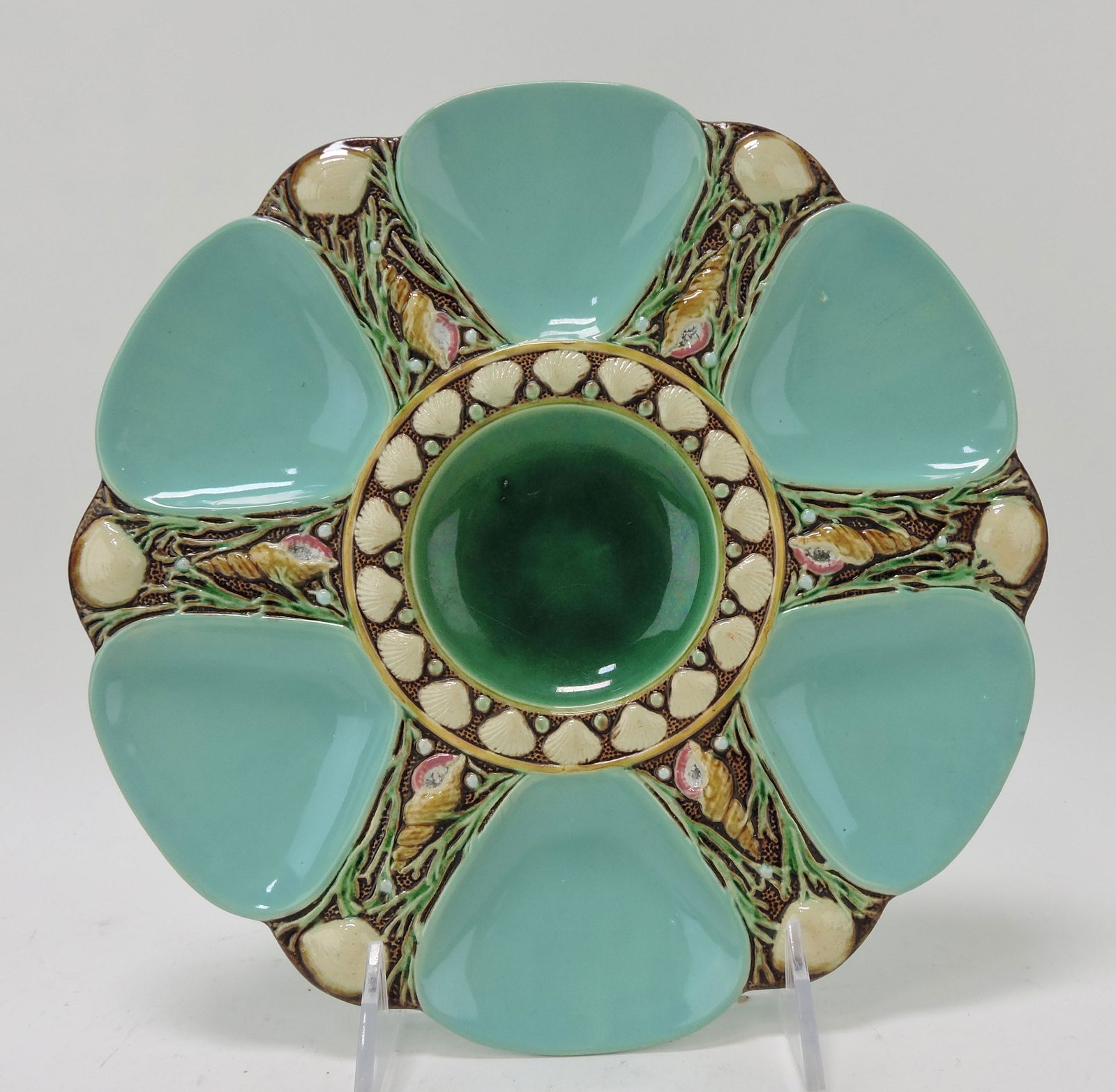 Minton majolica turquoise six well: oyster plate, 9", shape no. 1323