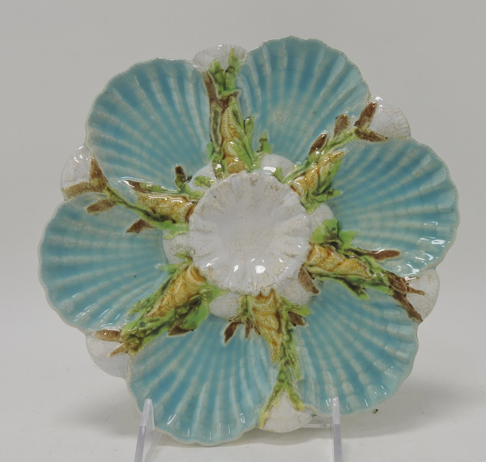 George Jones majolica six well: oyster plate, 8 3/4", crazing