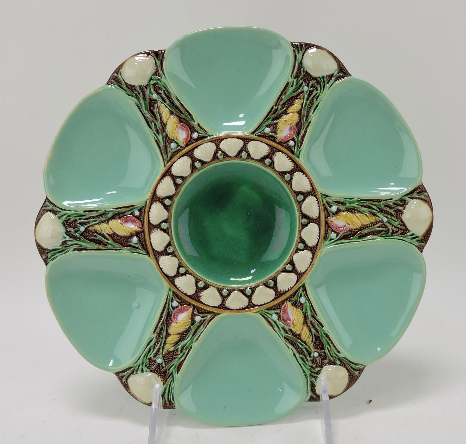 Minton majolica seafoam green six: well oyster plate, 9", shape no 1323