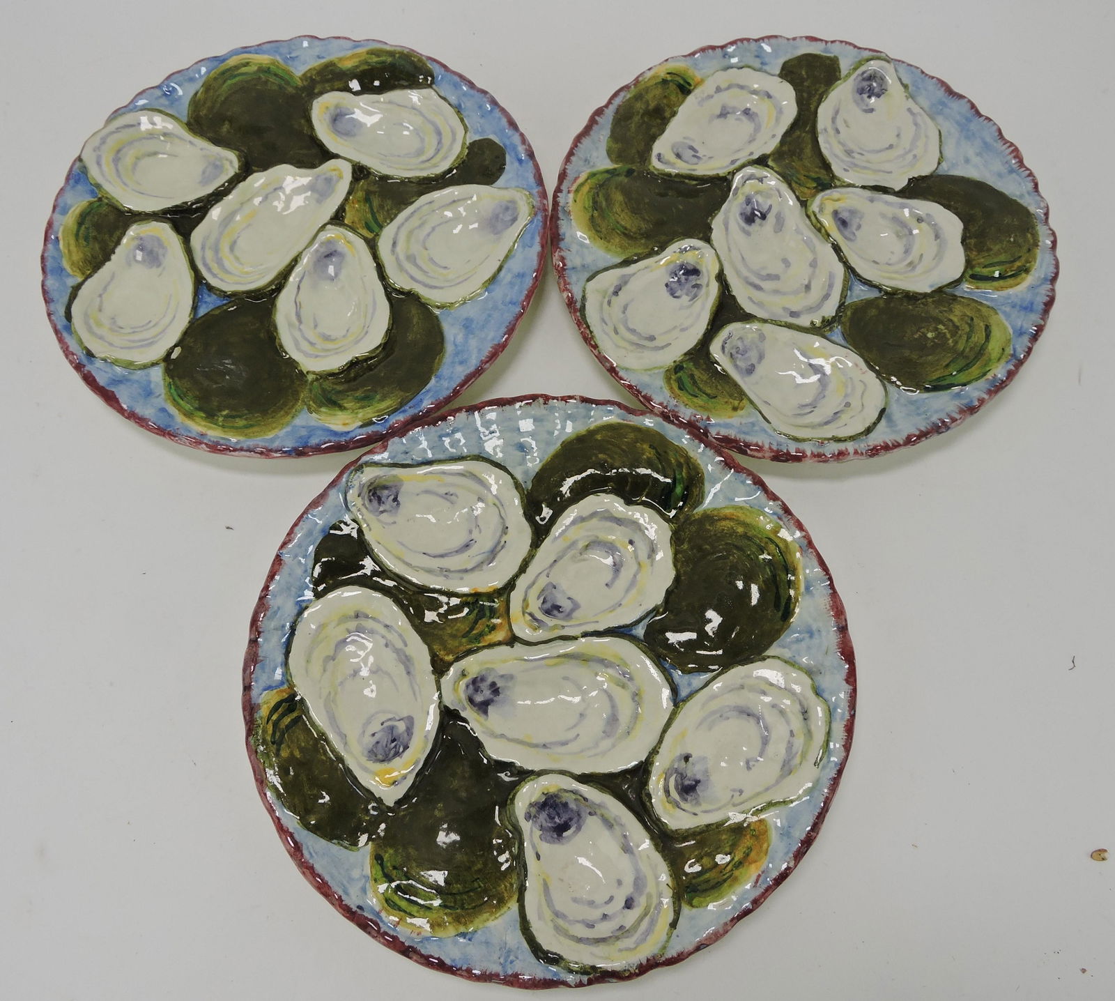 French Napoli majolica lot of: 3 six well oyster plates, 8 1/2"