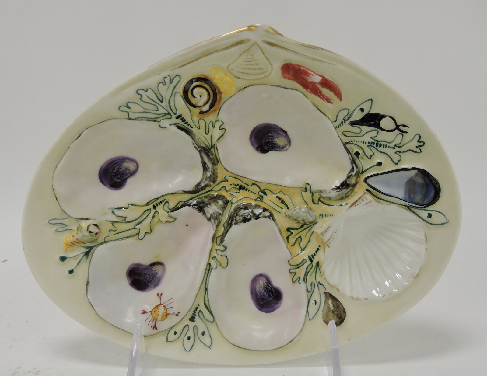 Union Porcelain Works (UPW): porcelain four well shell shaped oyster plate, 8 1/2"