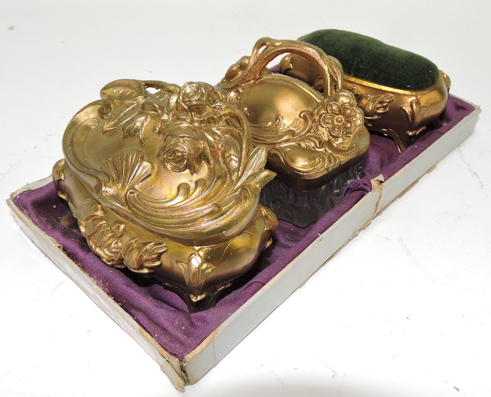 Art Nouveau set of 3 gilted trinket: boxes/pin cushion in original box