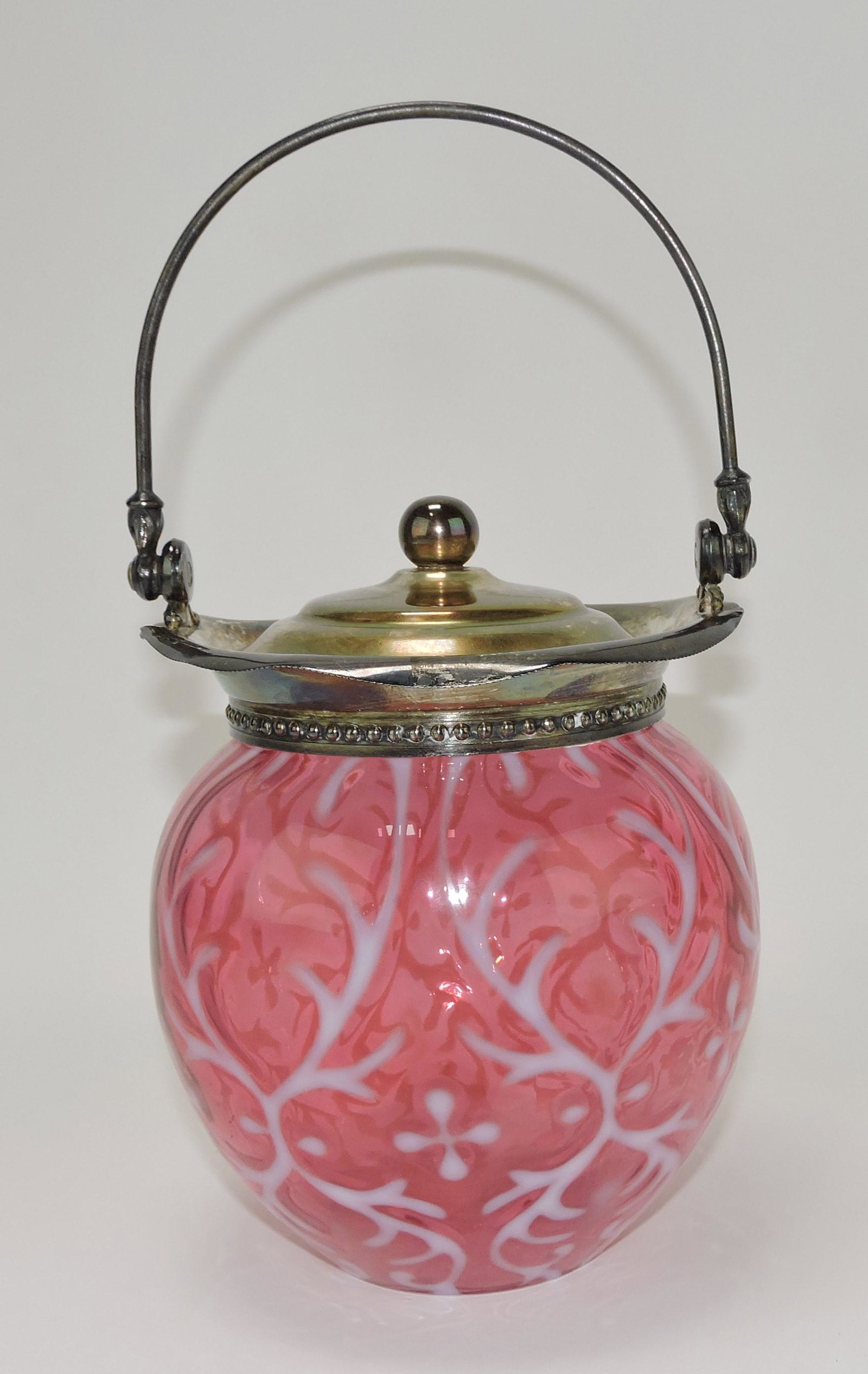 Cranberry opalescent Spanish Lace: biscuit jar