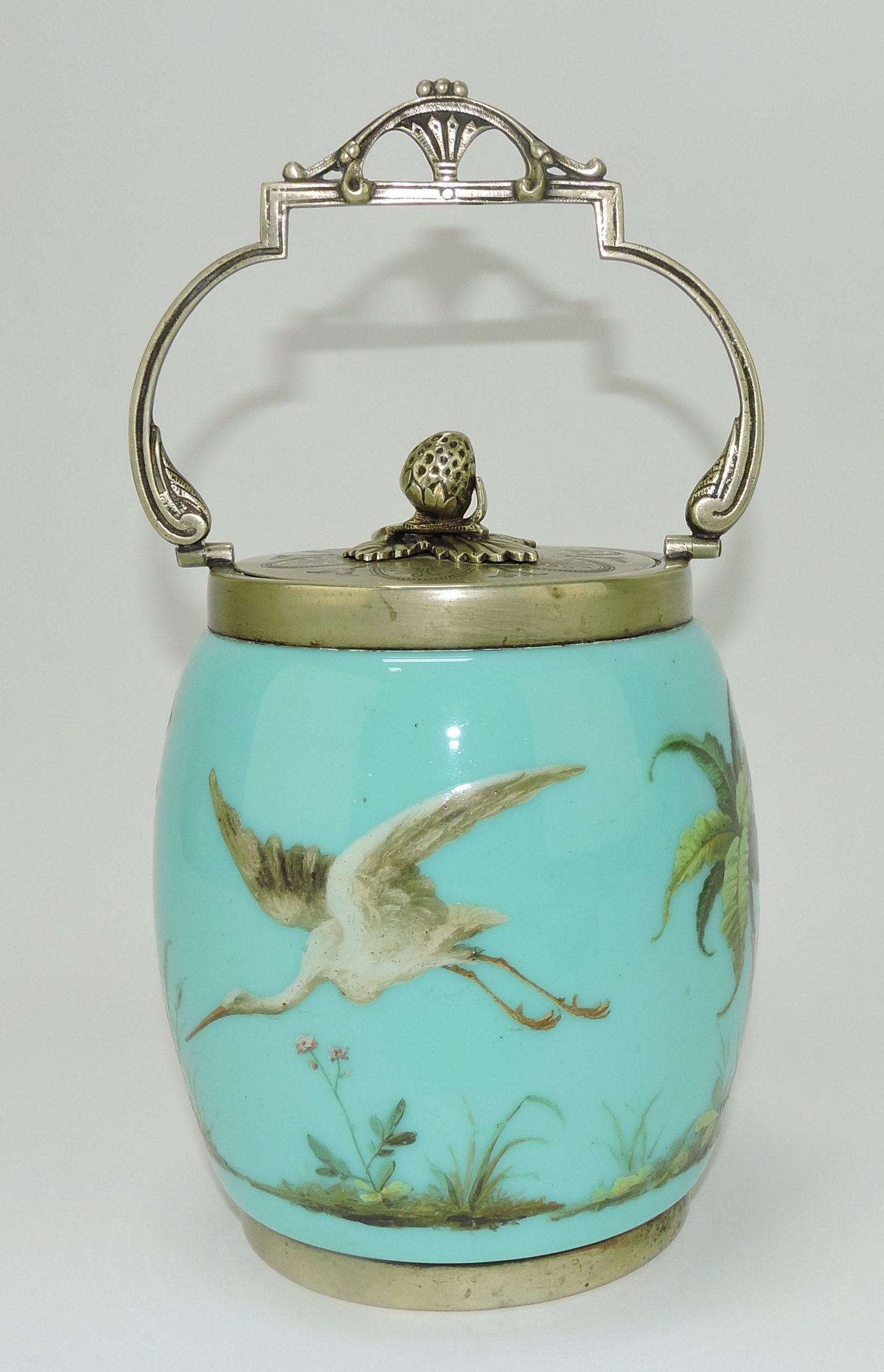 Victorian Opaline enameled biscuit: jar with storks