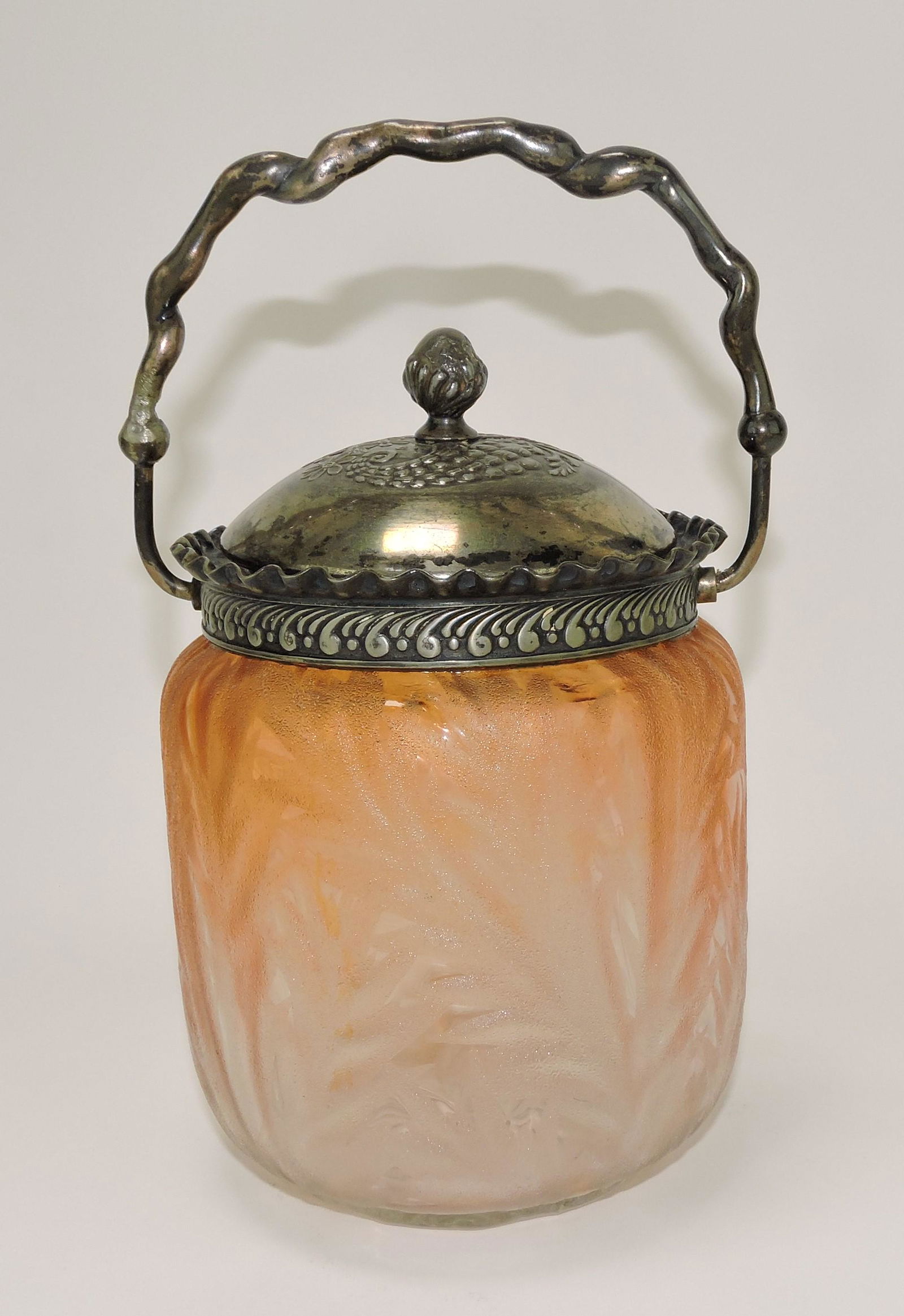 Pink iridescent art glass biscuit jar: .