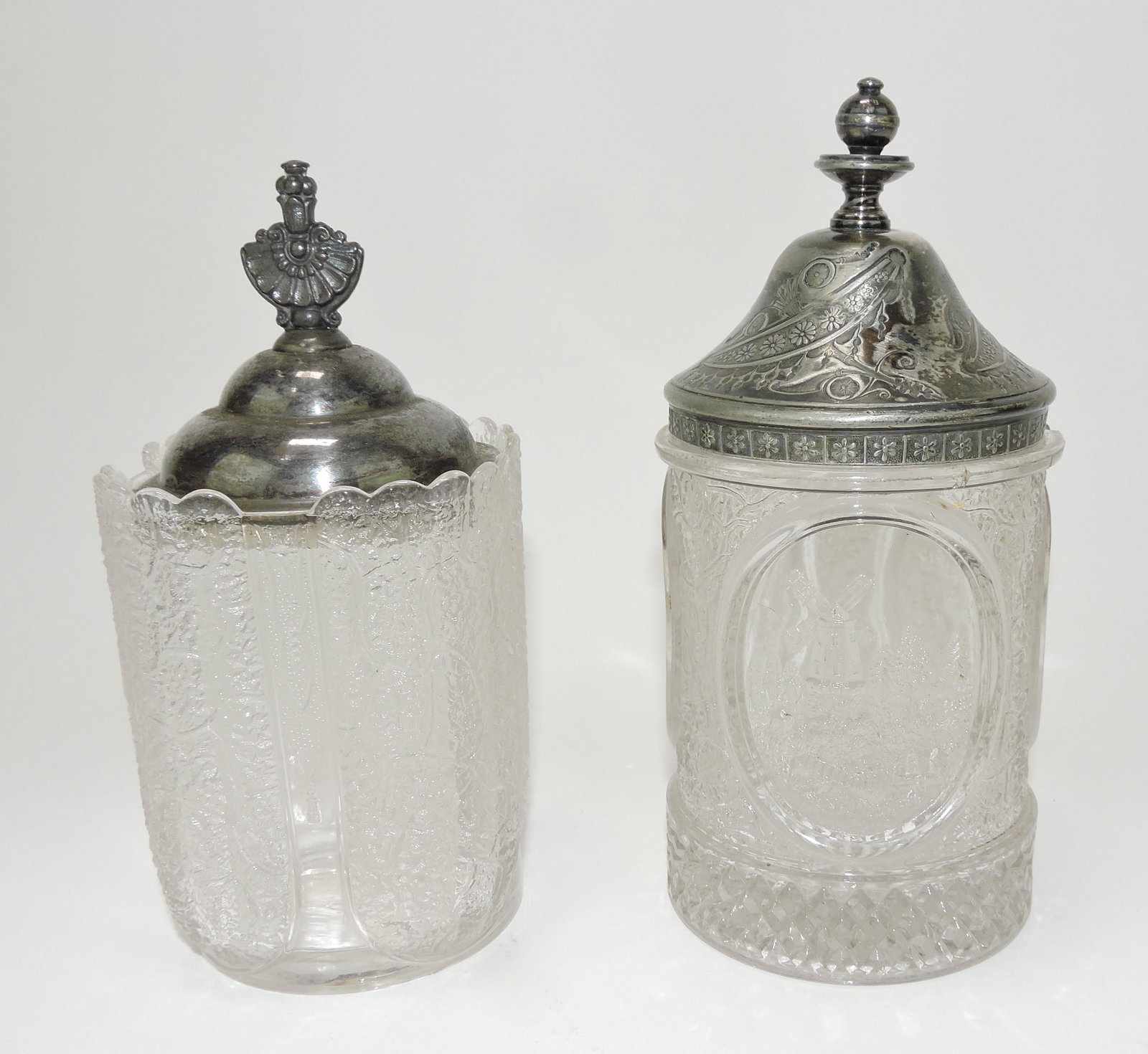 Lot of 2 EAPG pickle castors:: shell and tassel (nick to base rim), and scenic panel