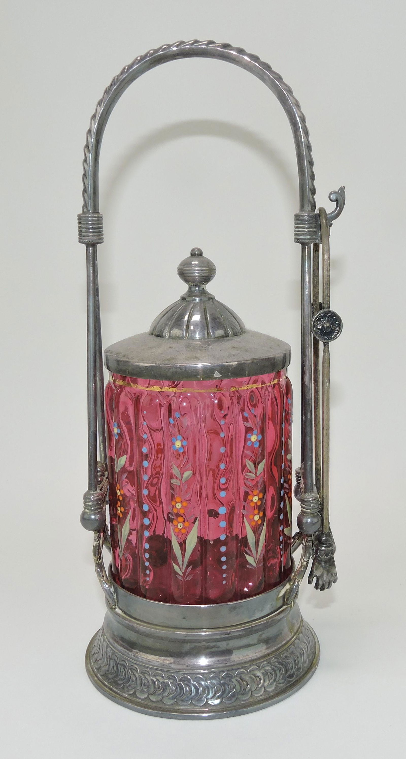 Cranberry floral enamel pickle castor (1 of 1)