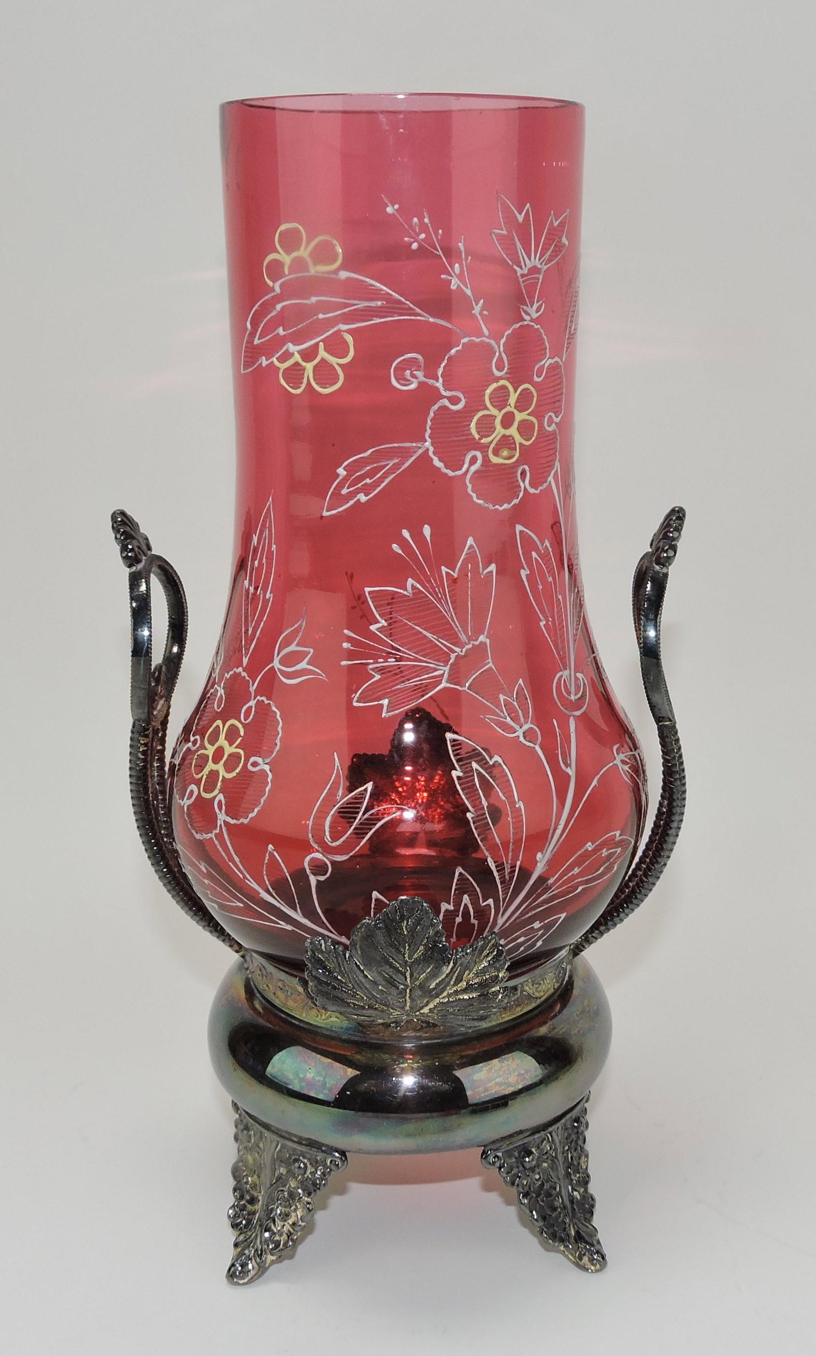 Cranberry enameled celery vase: in silverplate frame, 10 1/2"