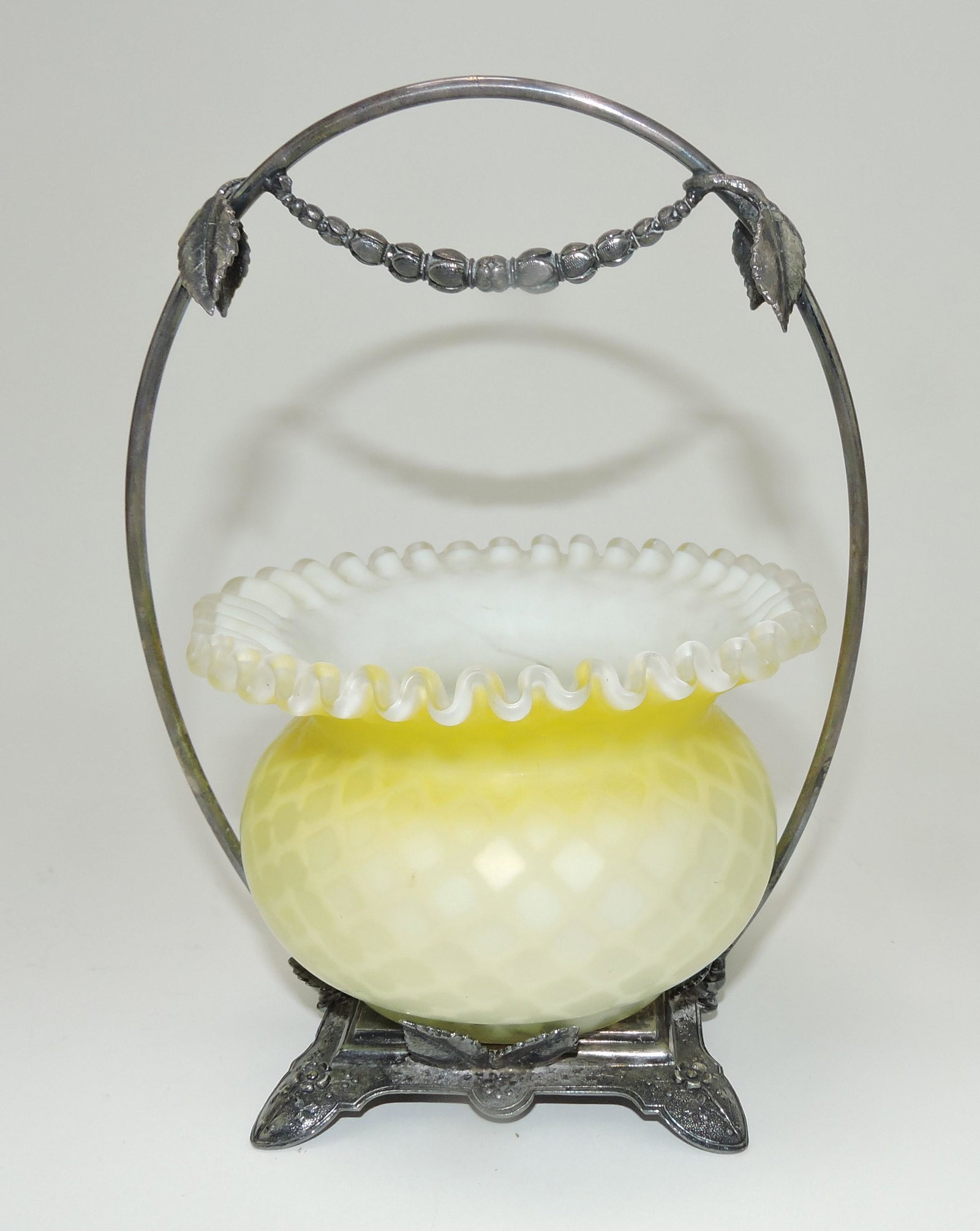 Yellow diamond quilted satin glass: jam dish in silverplate frame