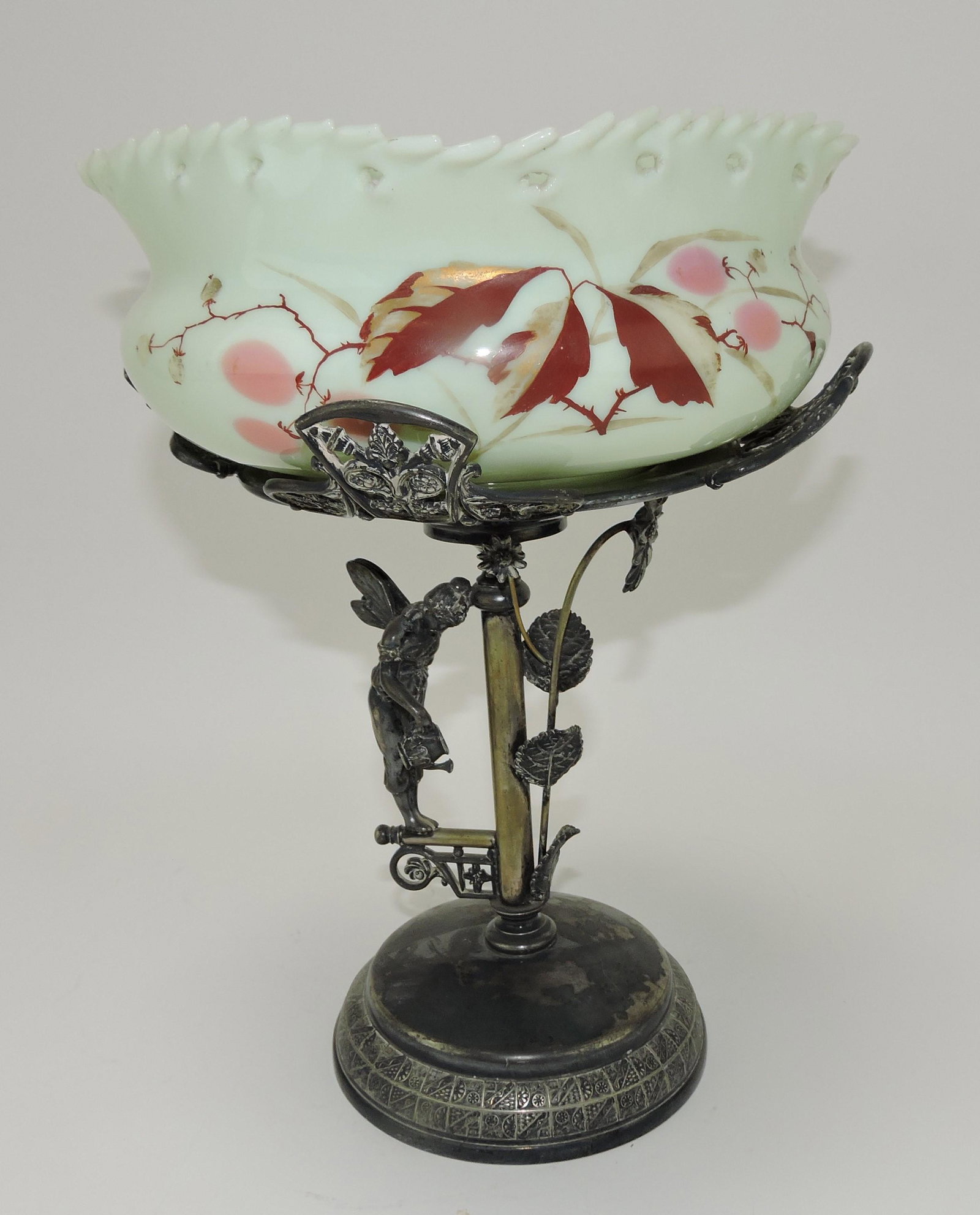 Victorian opaline bride's bowl with: floral enamel in Derby silverplate frame with winged fairy and watering can, 12"