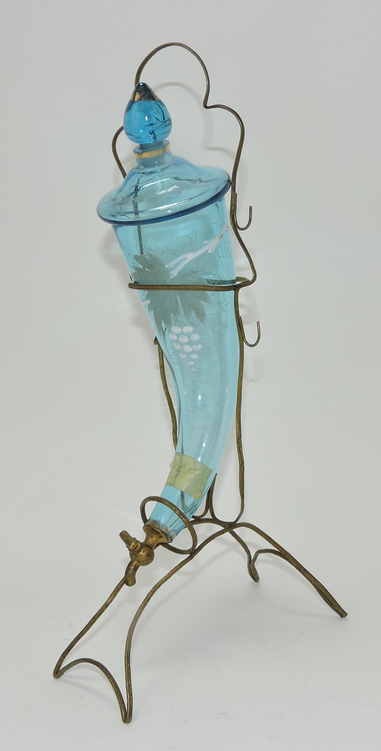 Victorian blue cornucopia decanter in: wire frame, 13 1/2"