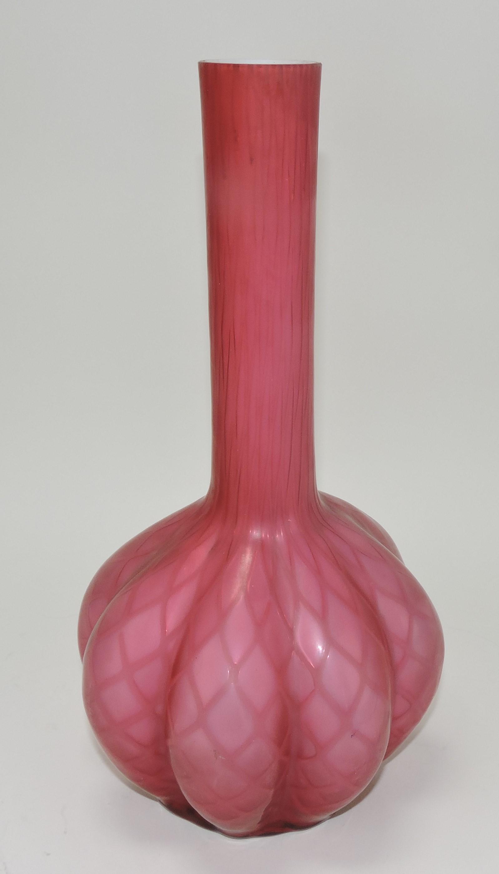 Webb 12" diamond quilted MOP melon: ribbed vase with deep raspberry color
