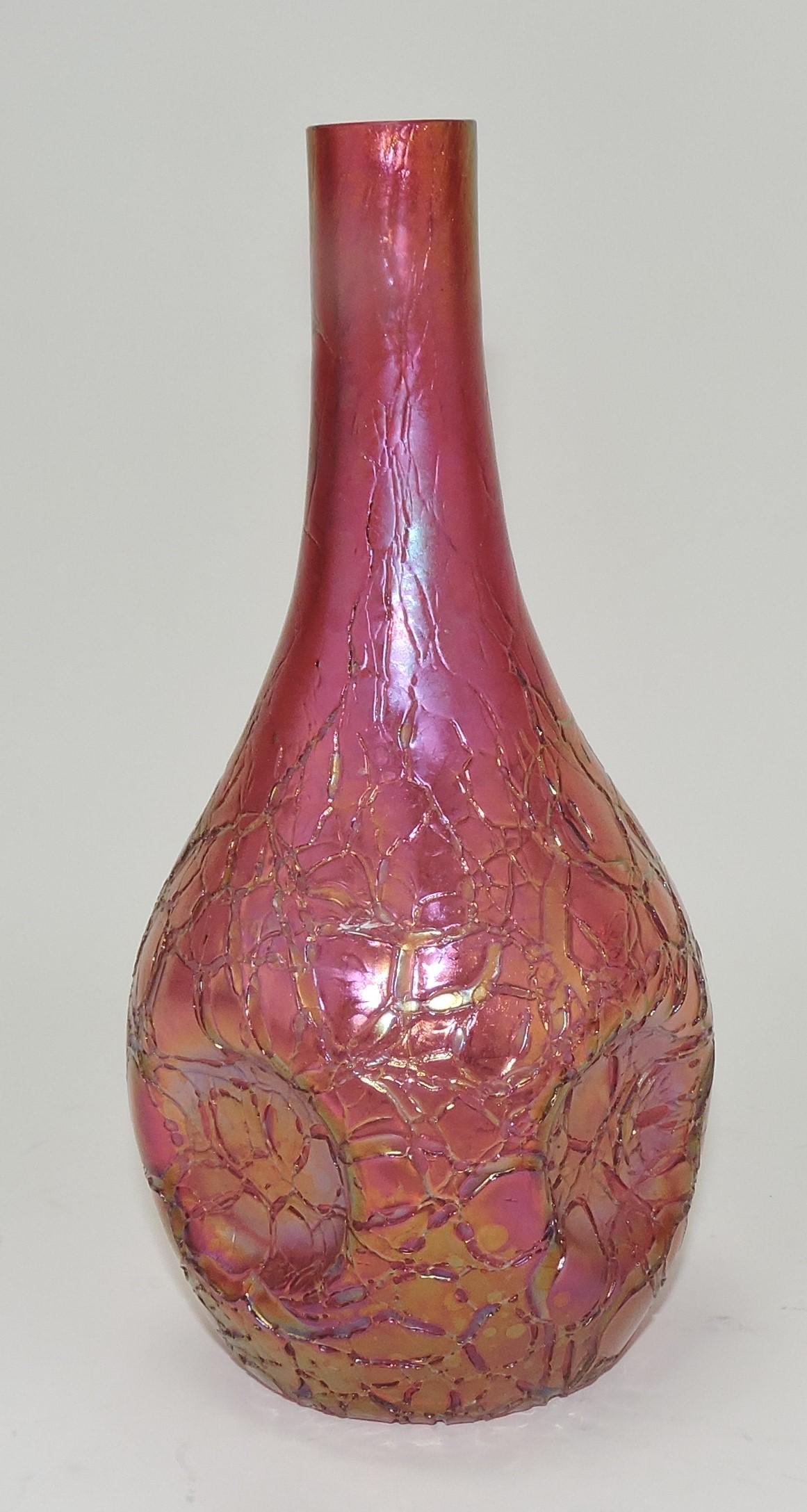 Pallme Konig (Loetz style) cranberry: vase, iridized and crackle design, pinched sides, 7 1/2"