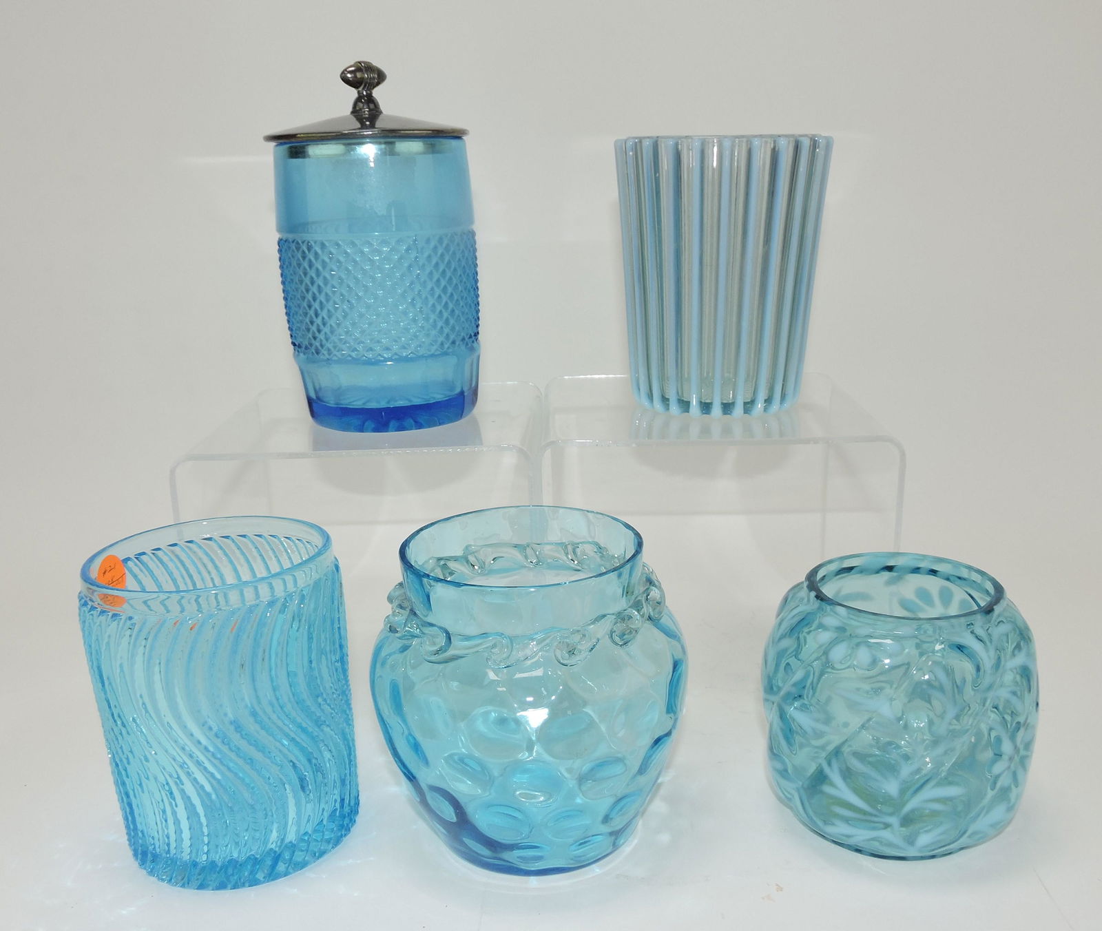 Victorian lot of 5 blue glass pickle: castor jars, various condition