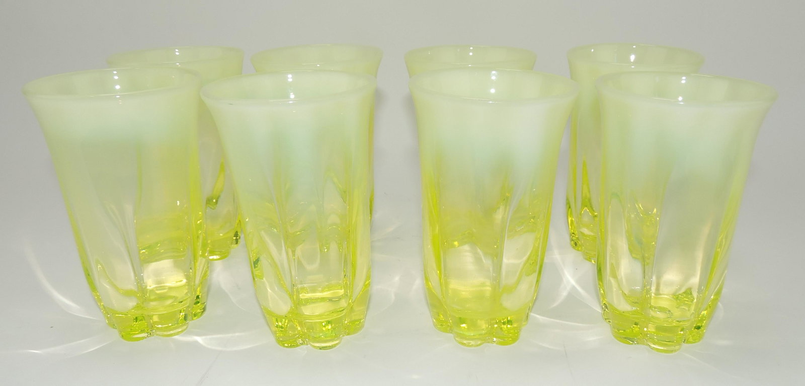 Duncan Miller Canterbury pattern set of: 8 vaseline opalescent tumblers, 5 1/2"