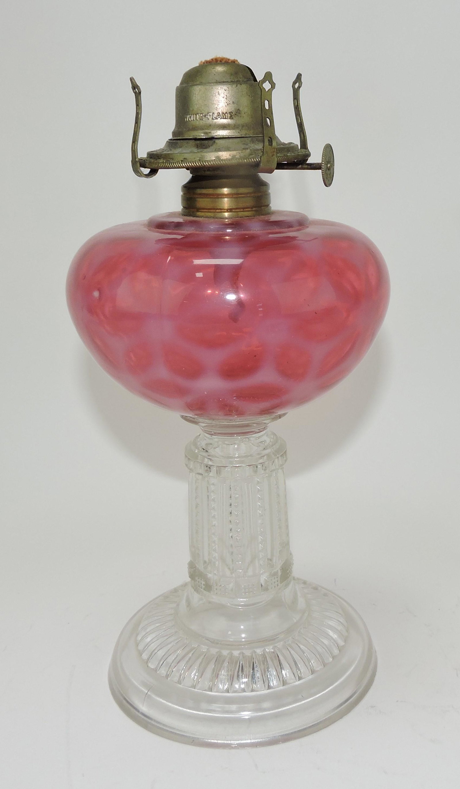 Victorian cranberry opalescent cobweb: oil lamp, 10"