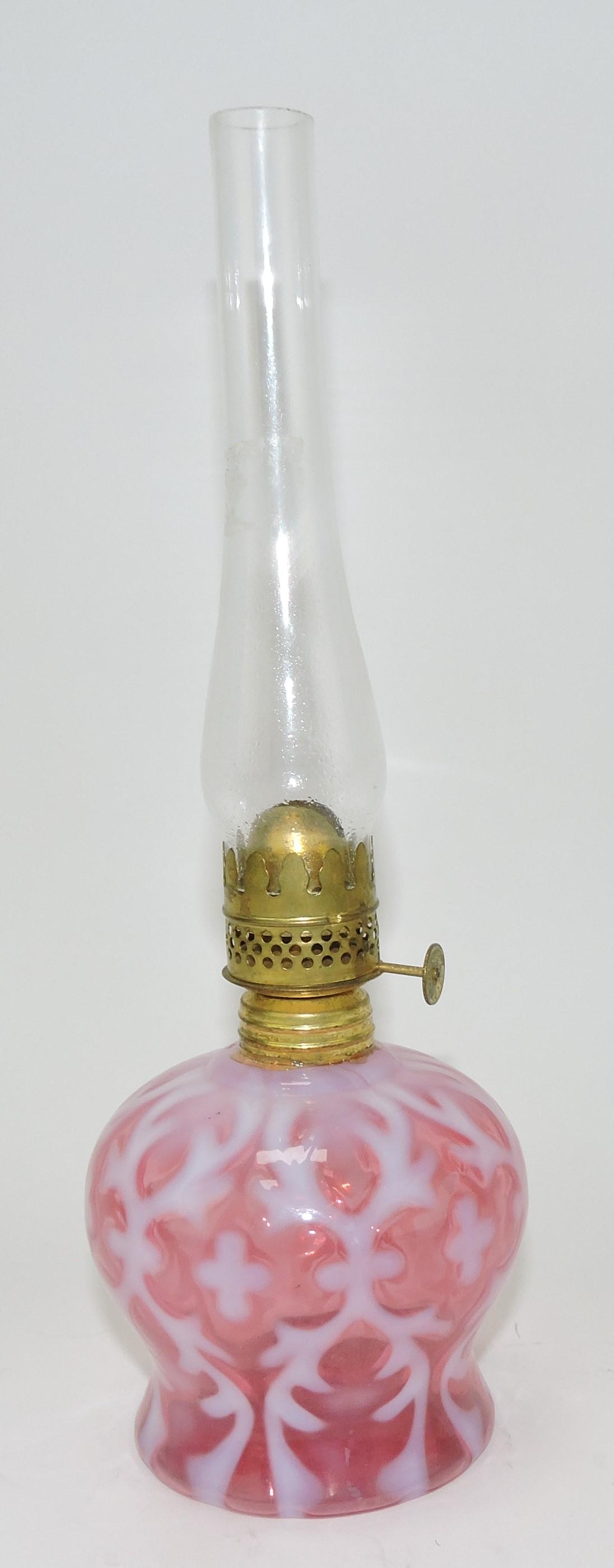 Northwood Victorian cranberry opalescent: Spanish Lace miniature oil lamp