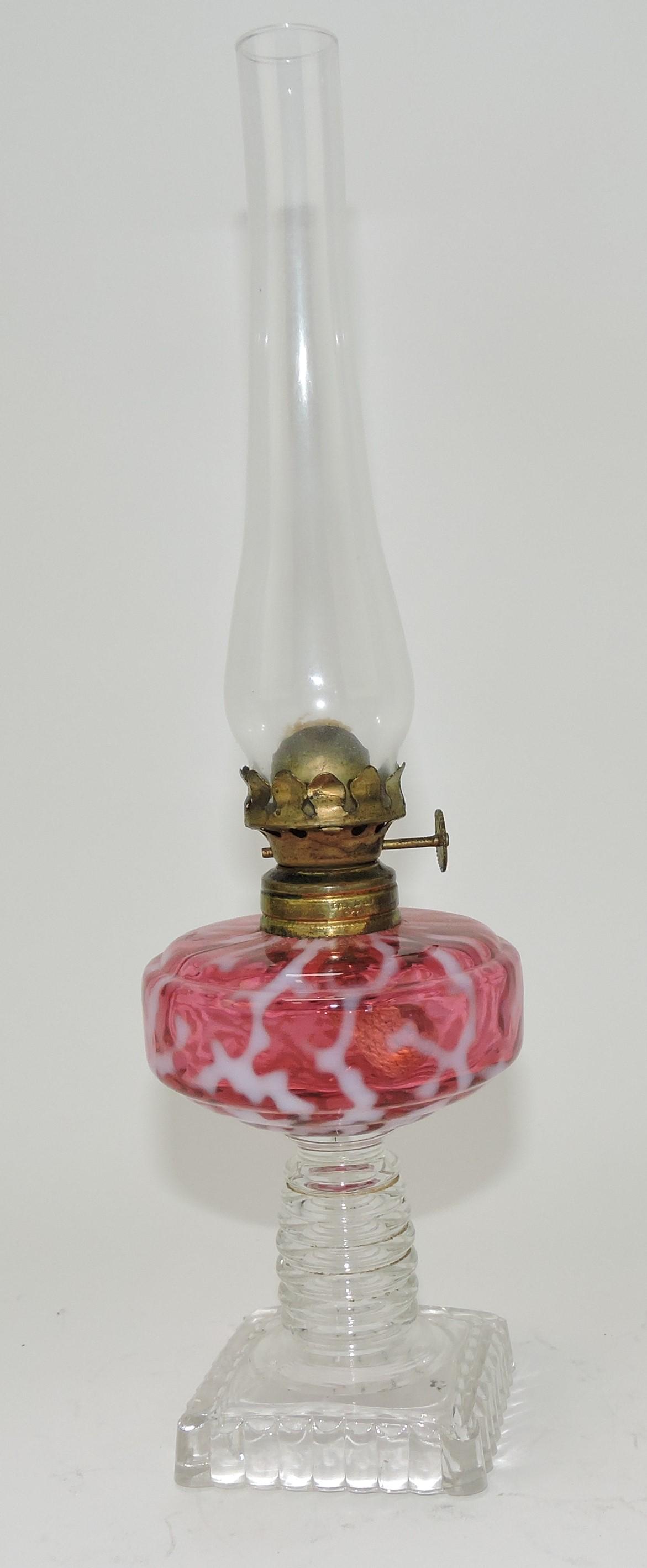 Hobbs cranberry opalescent seaweed: miniature oil lamp