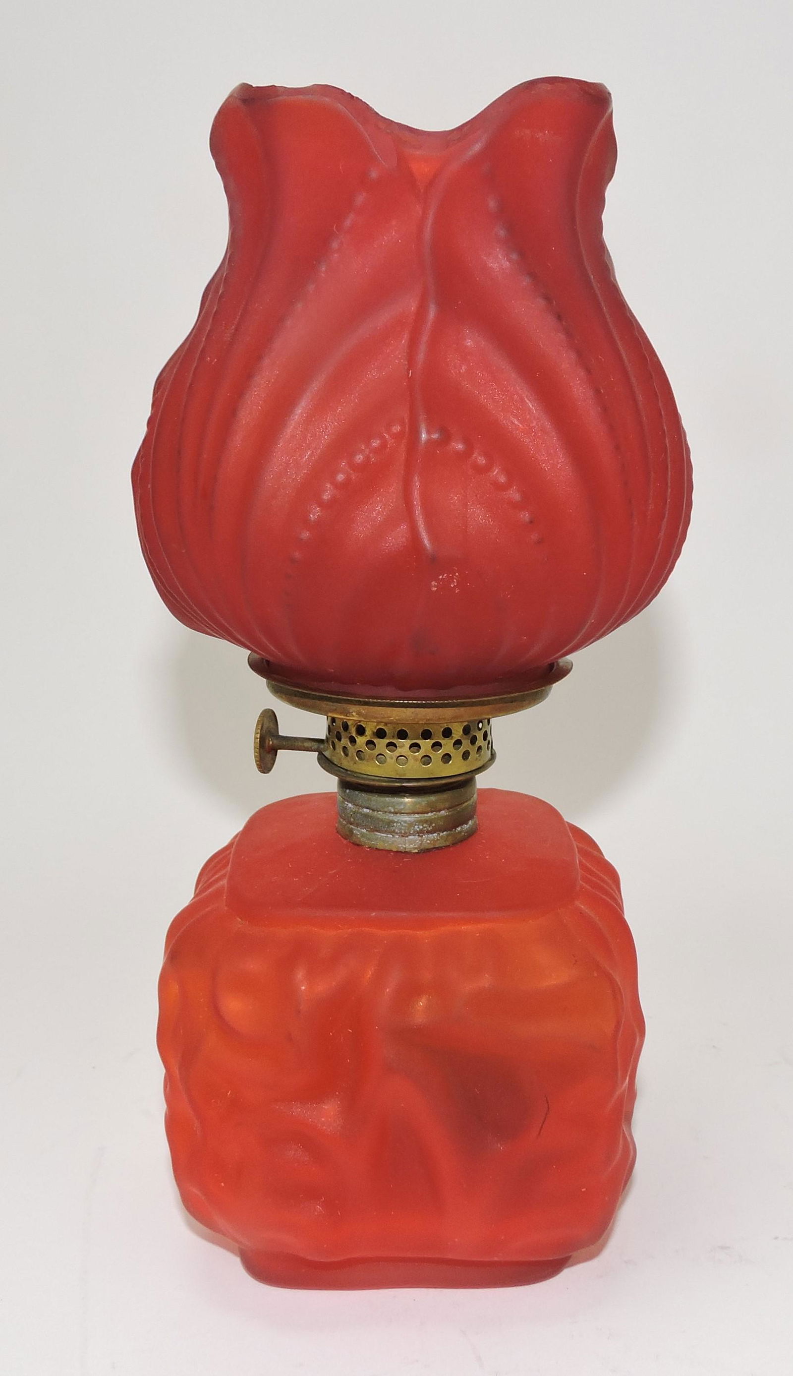 Red satin miniature oil lamp, nicks to (1 of 1)