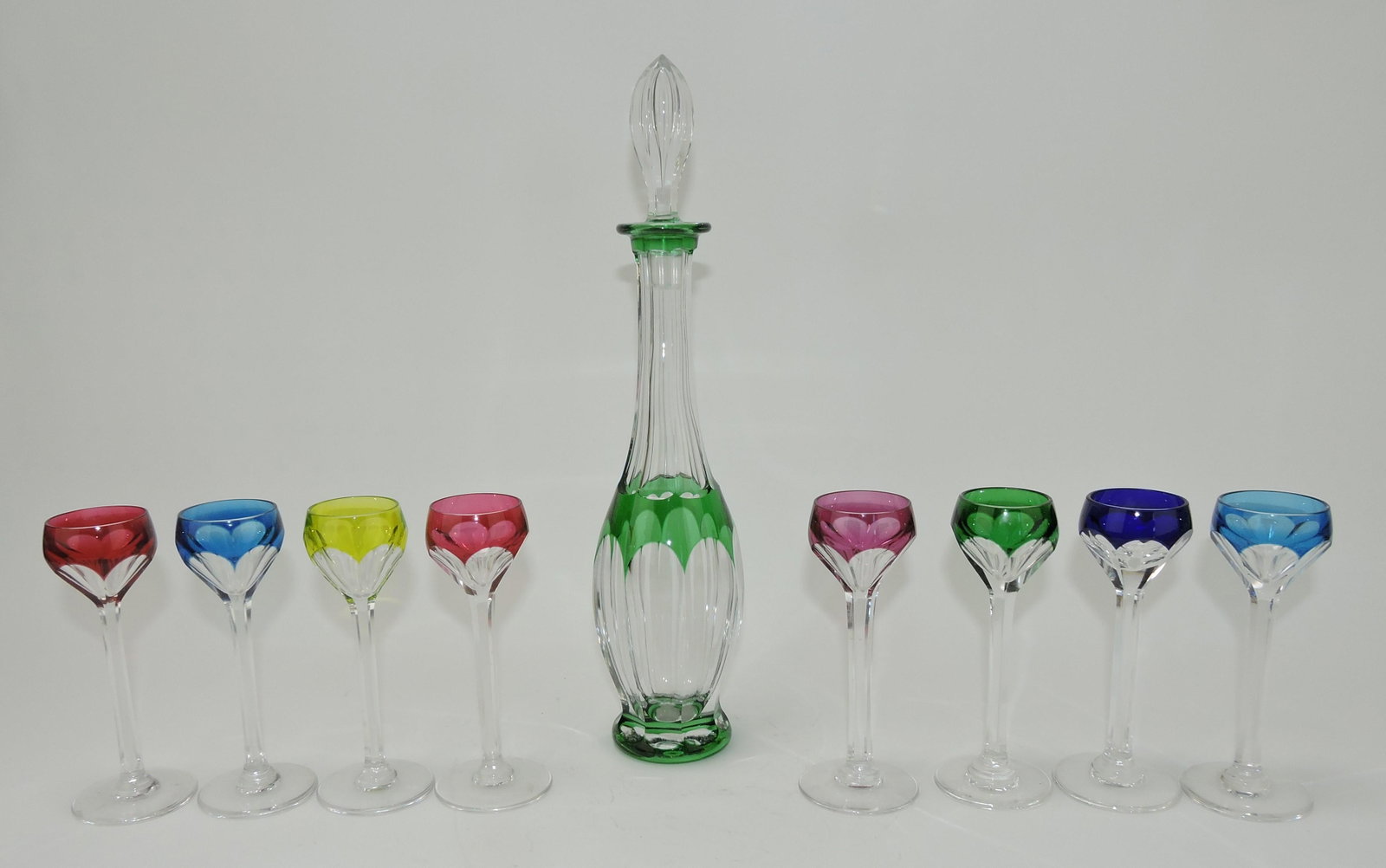 Baccarat 9 piece wine set,: 13" decanter and 8 - 5 1/2" wine cordials