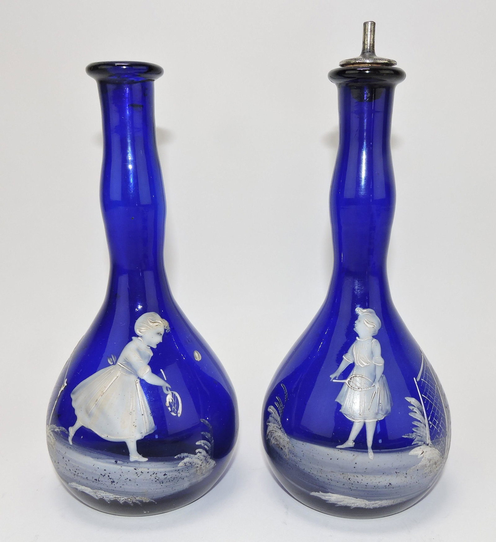 Cobalt blue Mary Gregory pair of barber: bottles