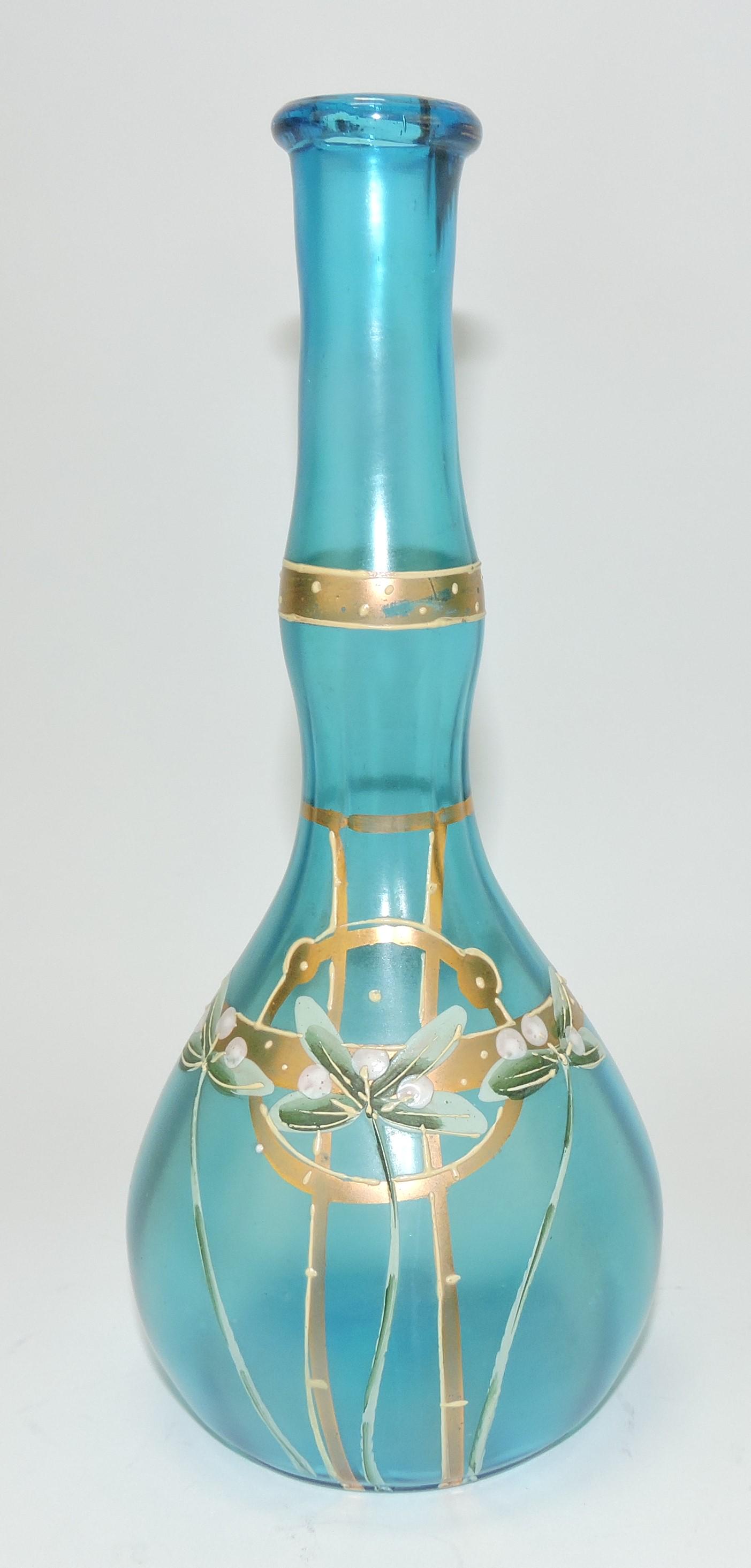Sapphire blue satin gold and floral: enamel barber bottle
