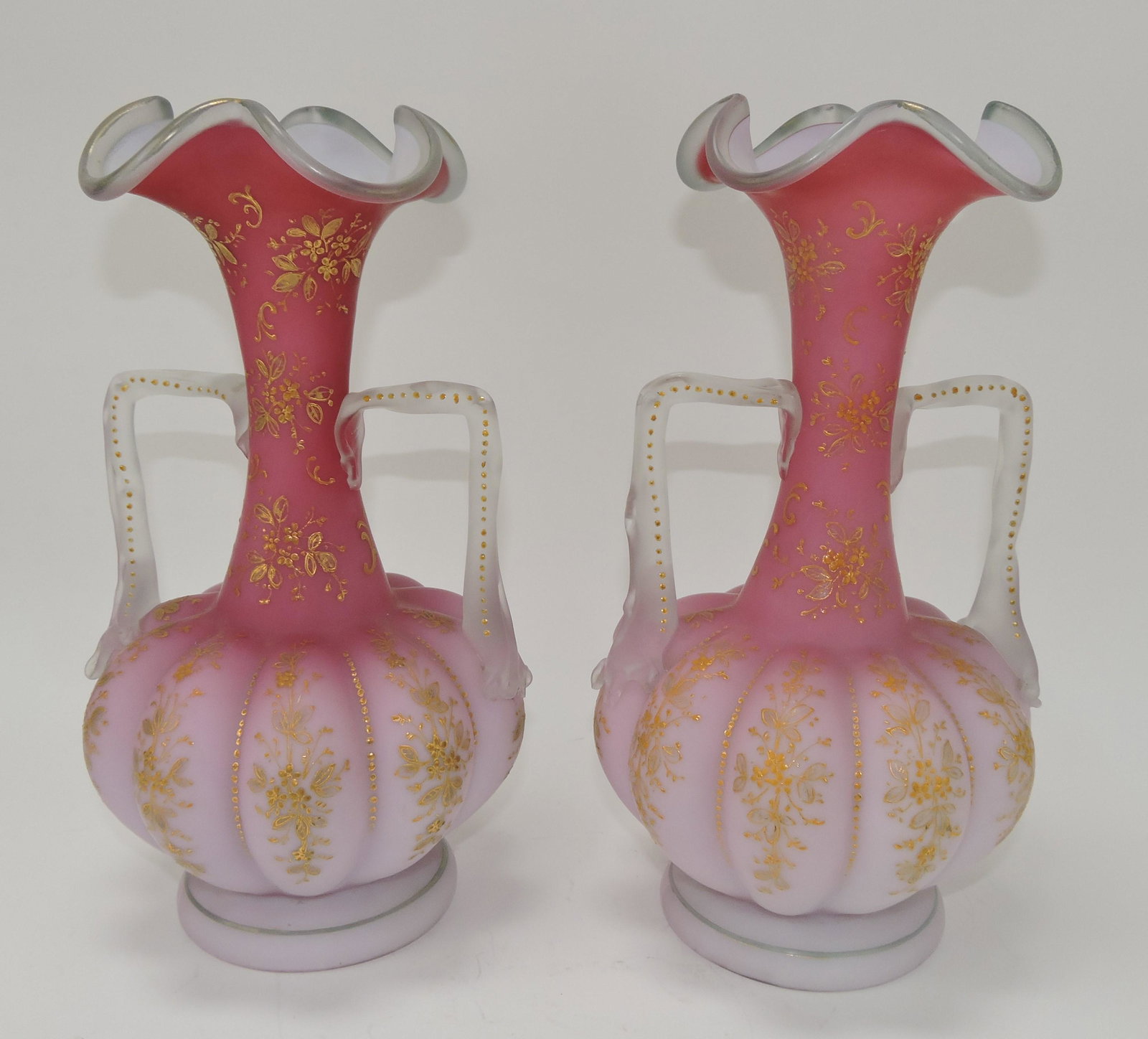 Stevens & Williams peachblow satin: pair of melon ribbed vases with gold enamel, 12", hairline to one