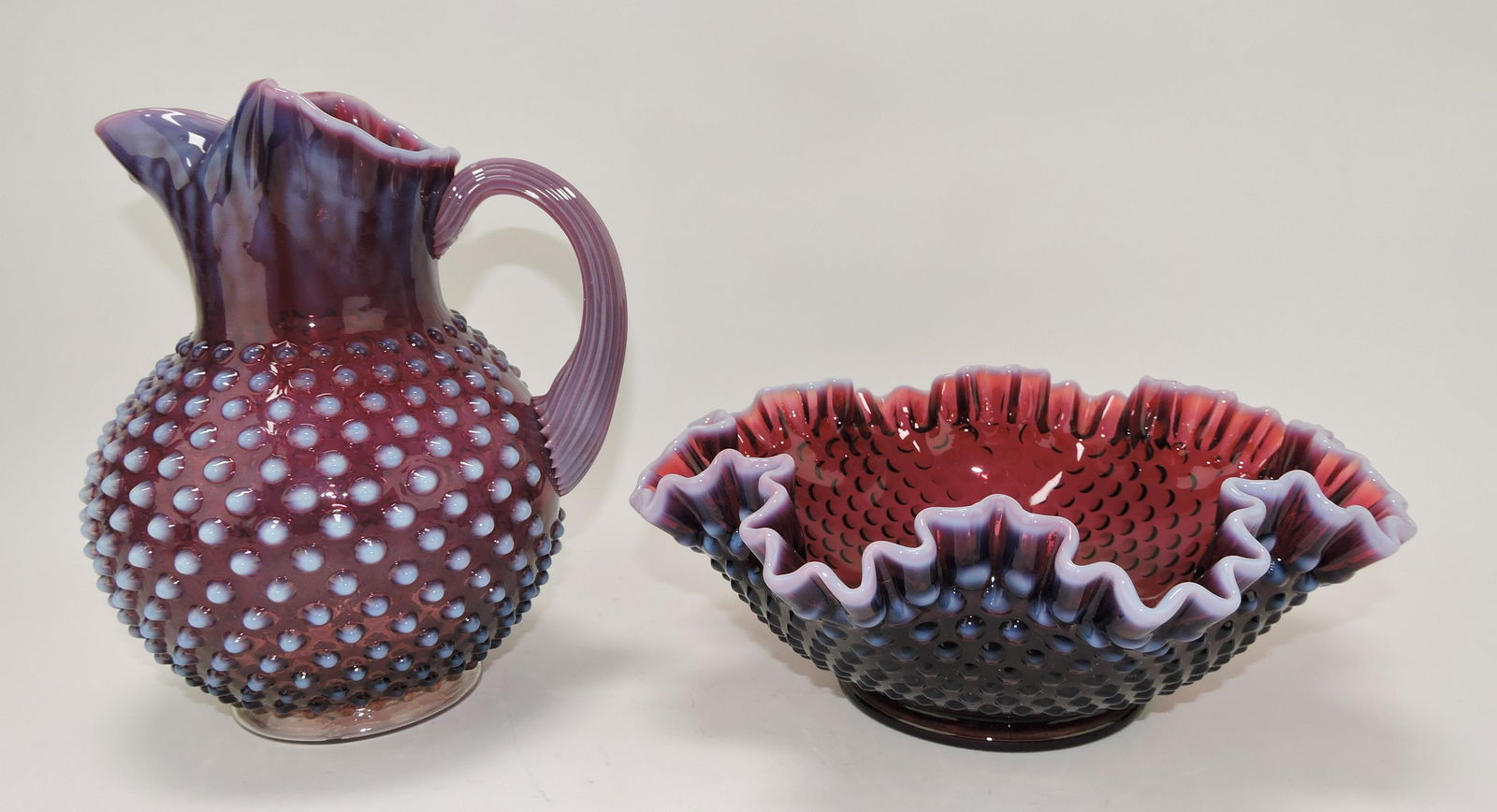 RARE Fenton plum opalescent hobnail: pitcher 9 1/2", and 11 1/2" bowl