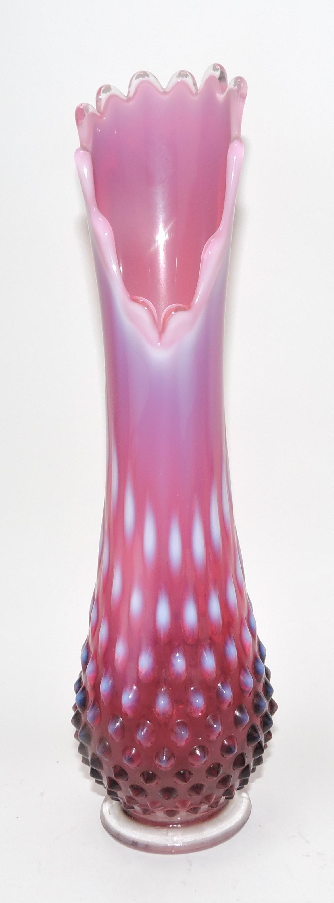 Fenton plum opalescent hobnail: swung vase, 12"