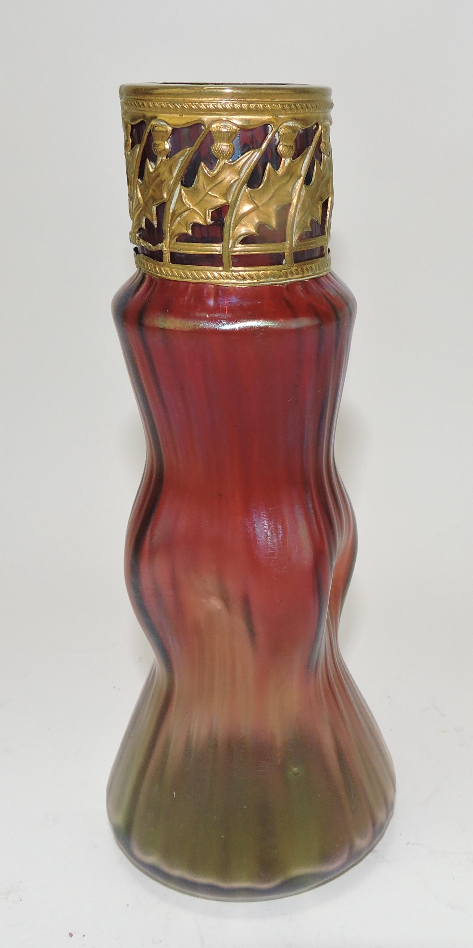 Loetz style 8 3/4" art glass vase with: brass thistle collar