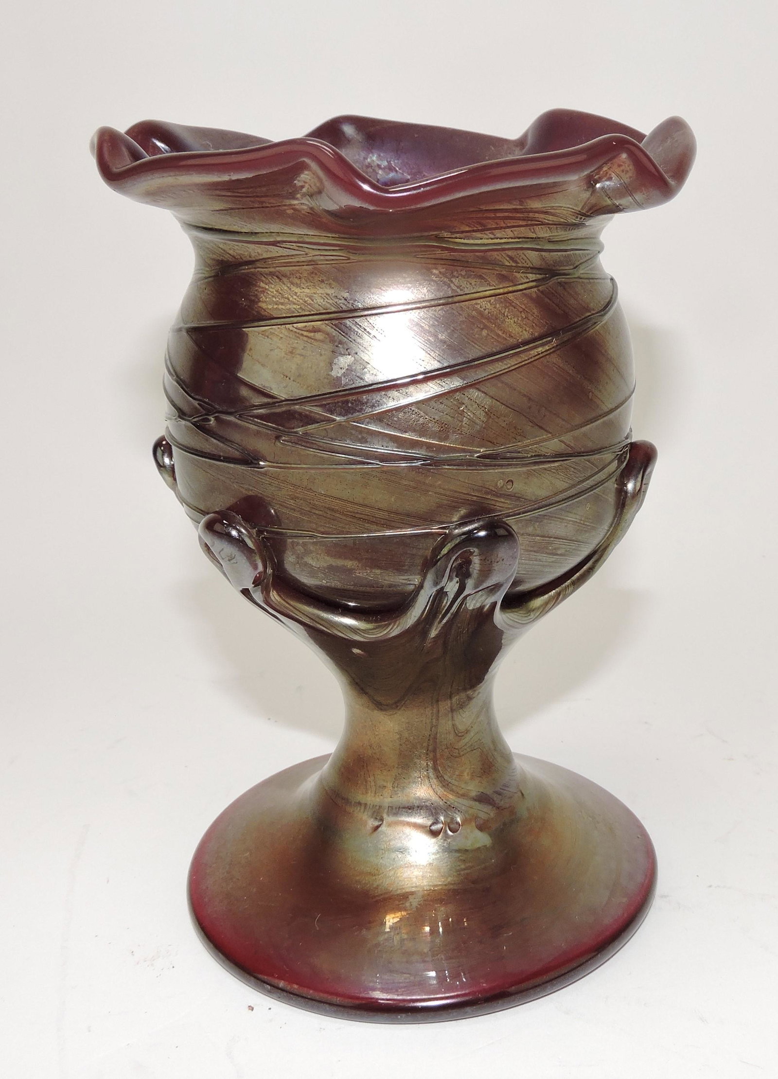 Loetz style 6" art glass vase: .
