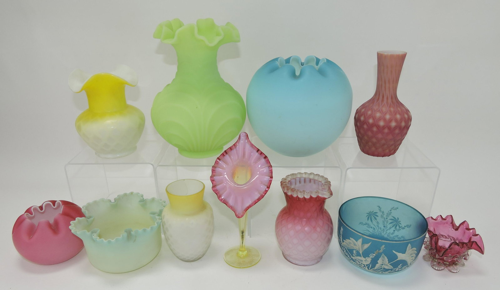 Mt. Washington, Webb, and Fenton: lot of 11 vases and bowls, various condition